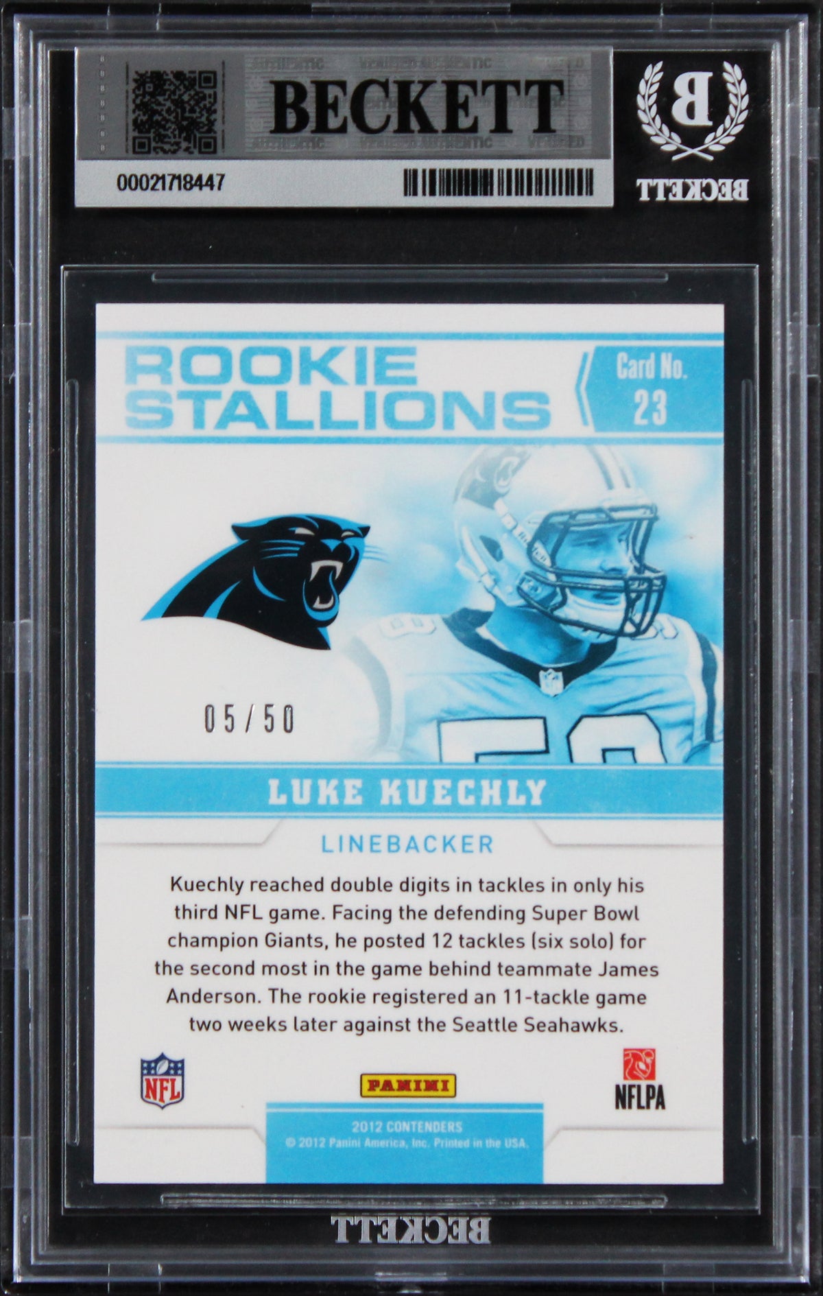 Luke Kuechly "HOF 26" Signed 2012 Panini #23 RC 5/50 Card Auto 10! BAS Slabbed