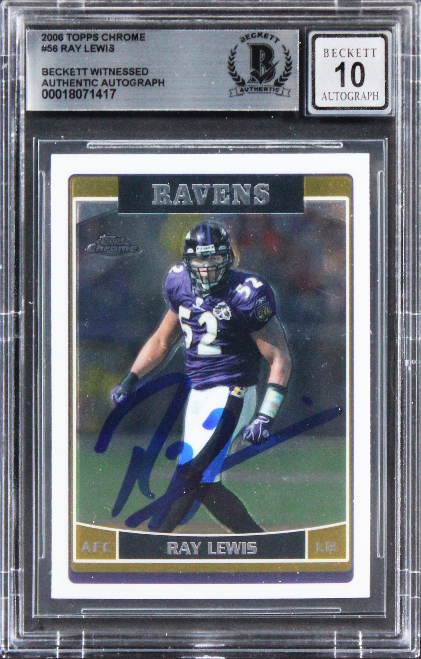 Ravens Ray Lewis Signed 2006 Topps Chrome #56 Card Auto Graded 10! BAS Slabbed