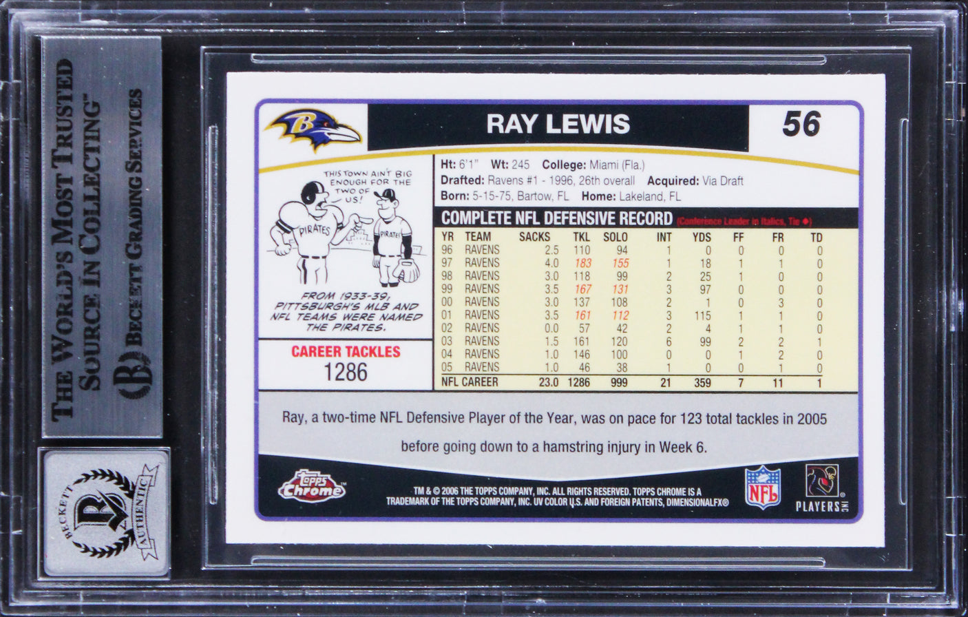 Ravens Ray Lewis Signed 2006 Topps Chrome #56 Card Auto Graded 10! BAS Slabbed