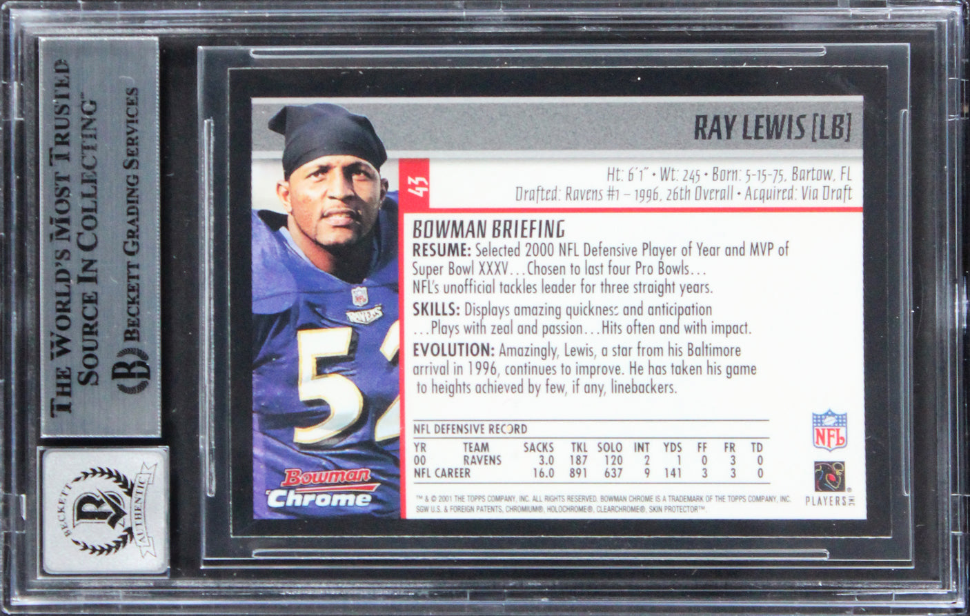 Ravens Ray Lewis Signed 2001 Bowman Chrome #43 Card Auto Graded 10! BAS Slabbed