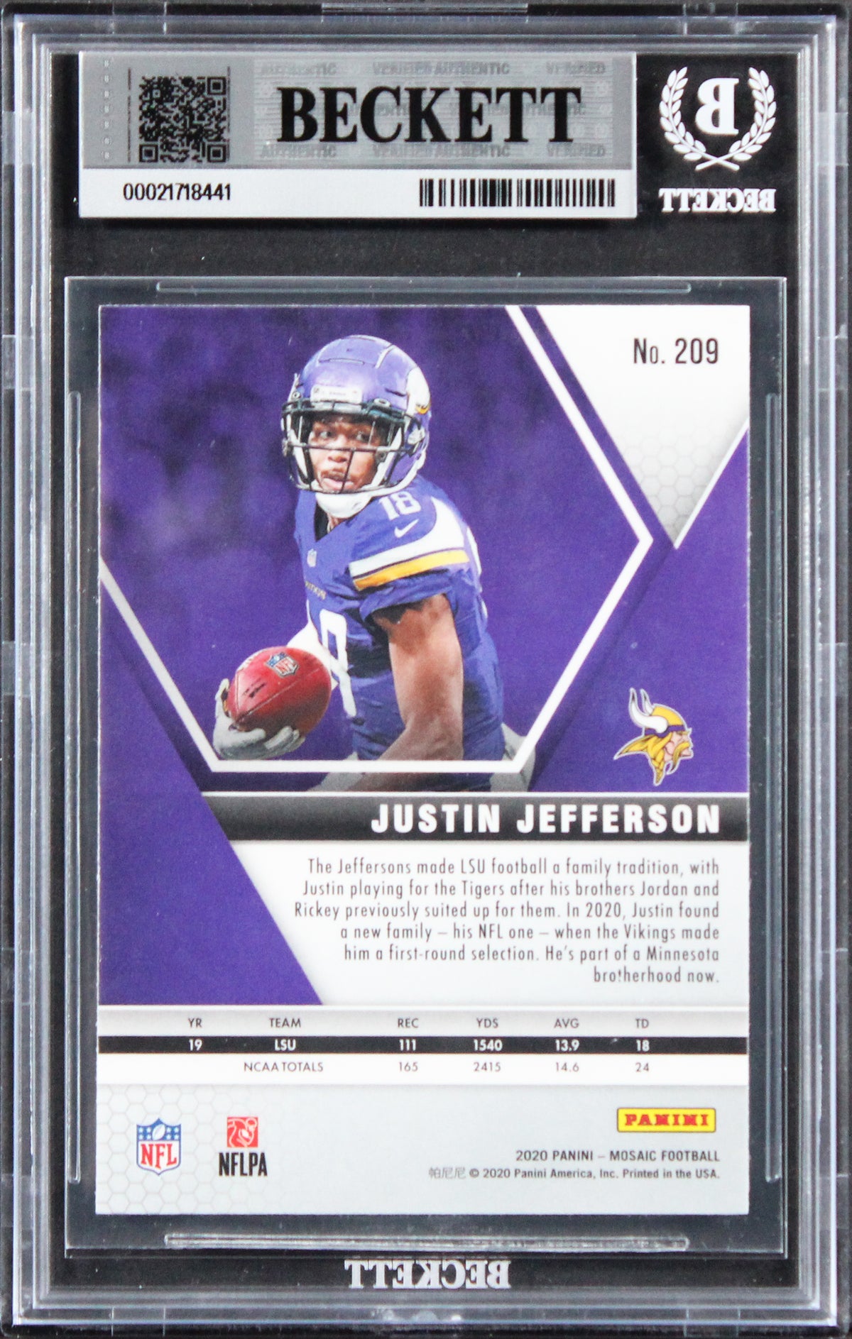 Vikings Justin Jefferson Signed 2020 Donruss #13 Rookie Card Auto 10! BAS Slab