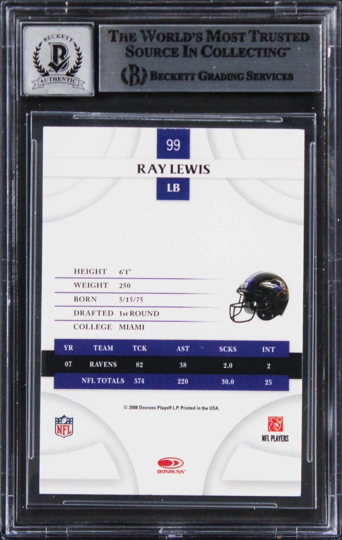 Ravens Ray Lewis Signed 2008 Donruss Threads #99 Card Auto Grade 10! BAS Slabbed