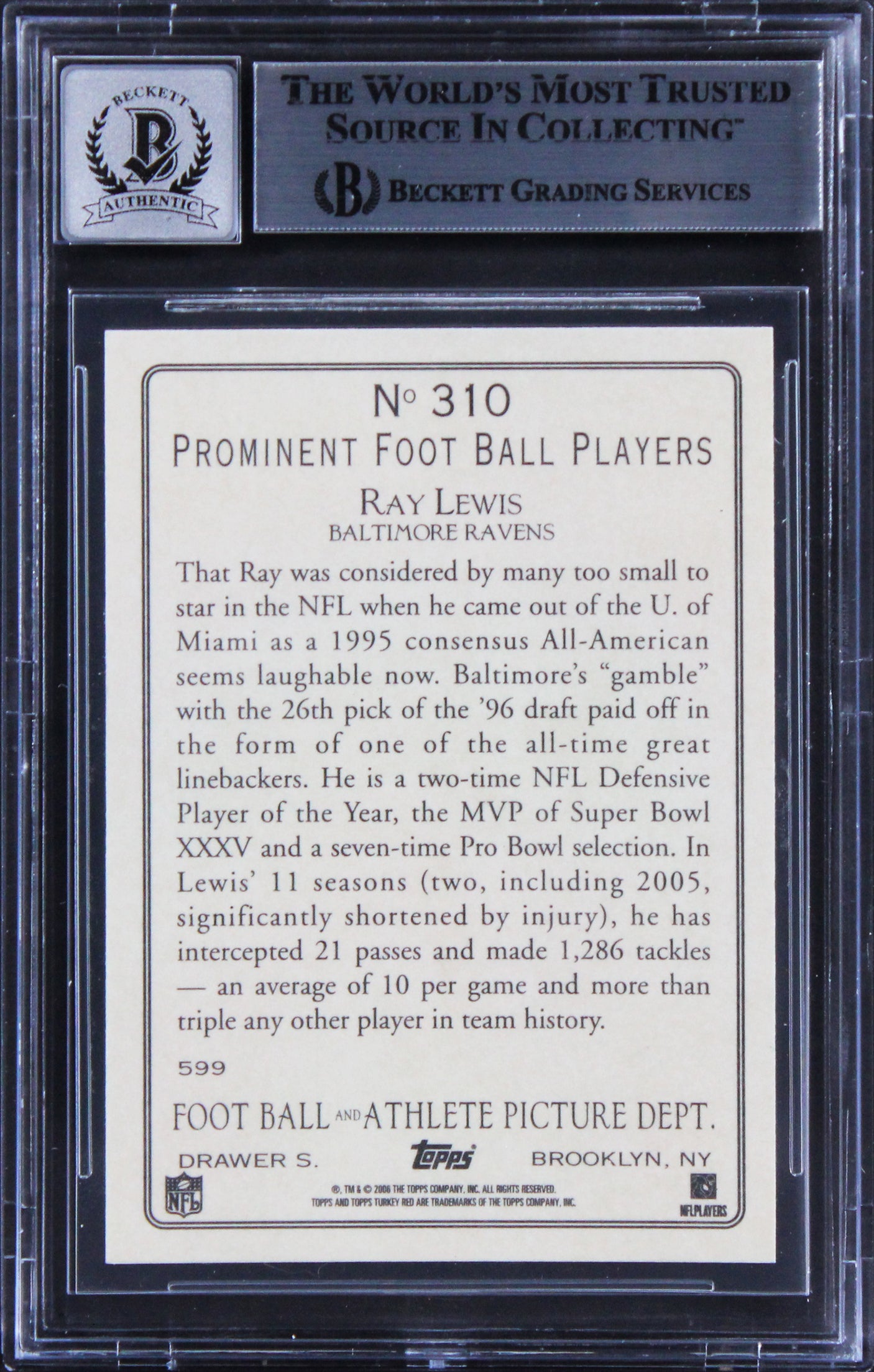 Ravens Ray Lewis Signed 2006 Topps Turkey Red #310 Card Auto Gem 10! BAS Slabbed