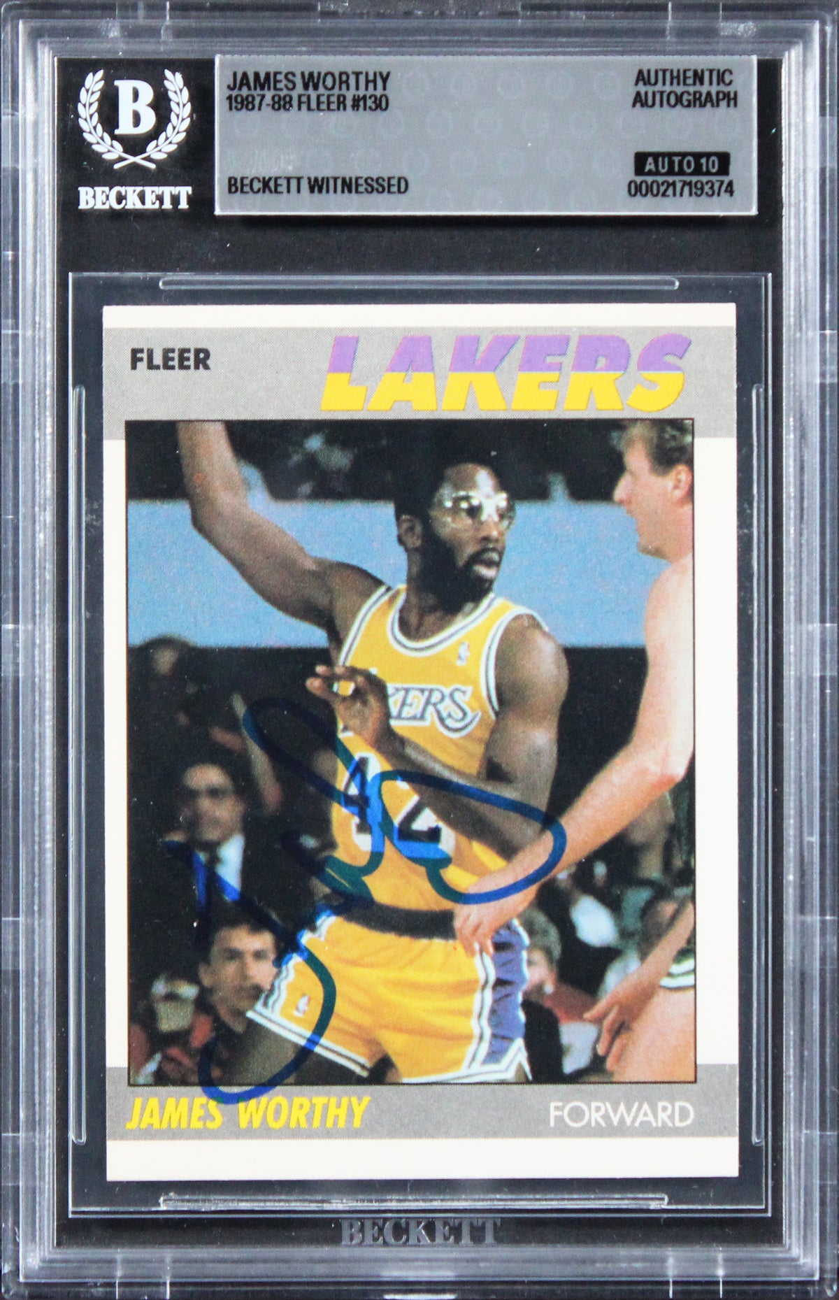 Lakers James Worthy Signed 1987 Fleer #130 Card Auto Grade GM 10! BAS Slabbed