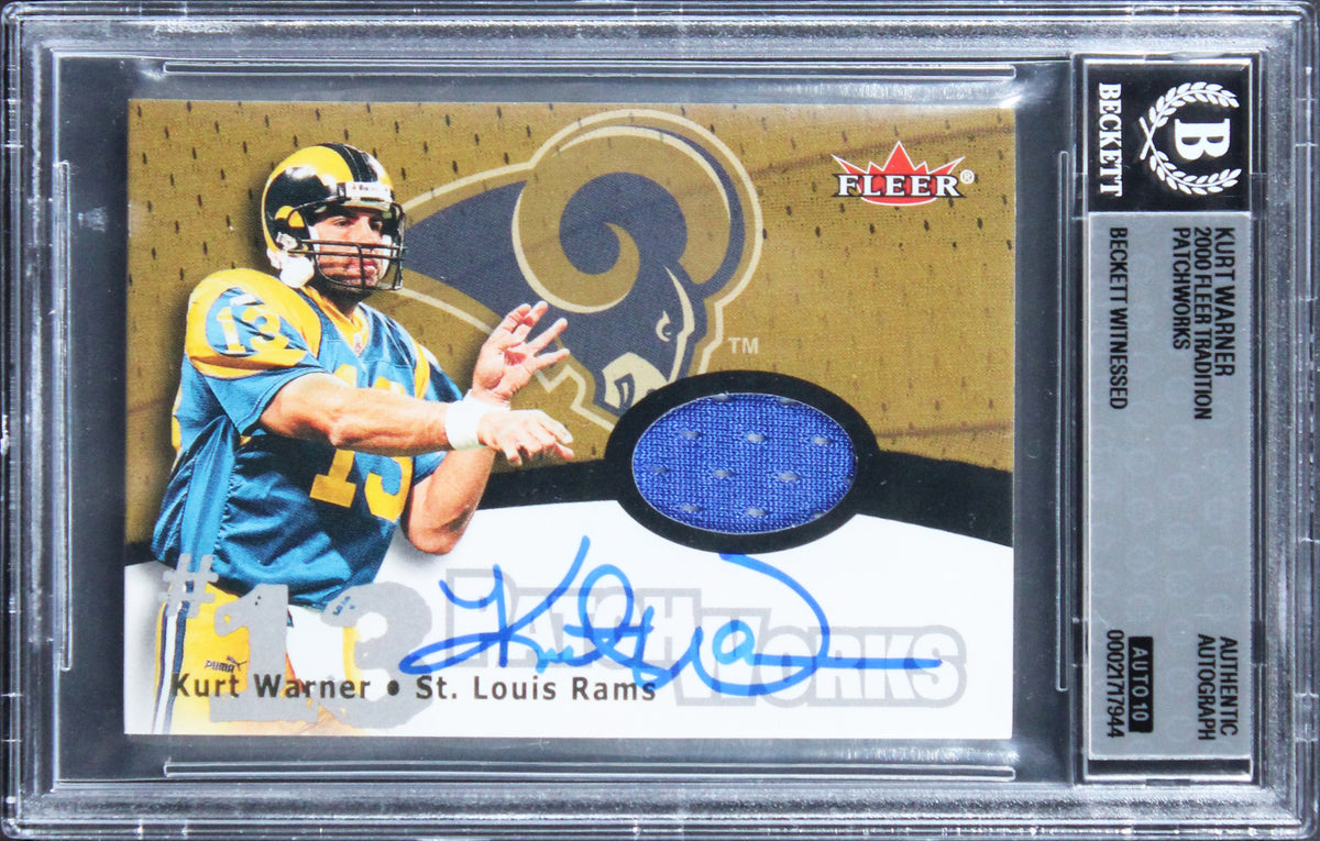 Rams Kurt Warner Signed 2000 Fleer Tradition Patchworks Card Auto 10! BAS Slab