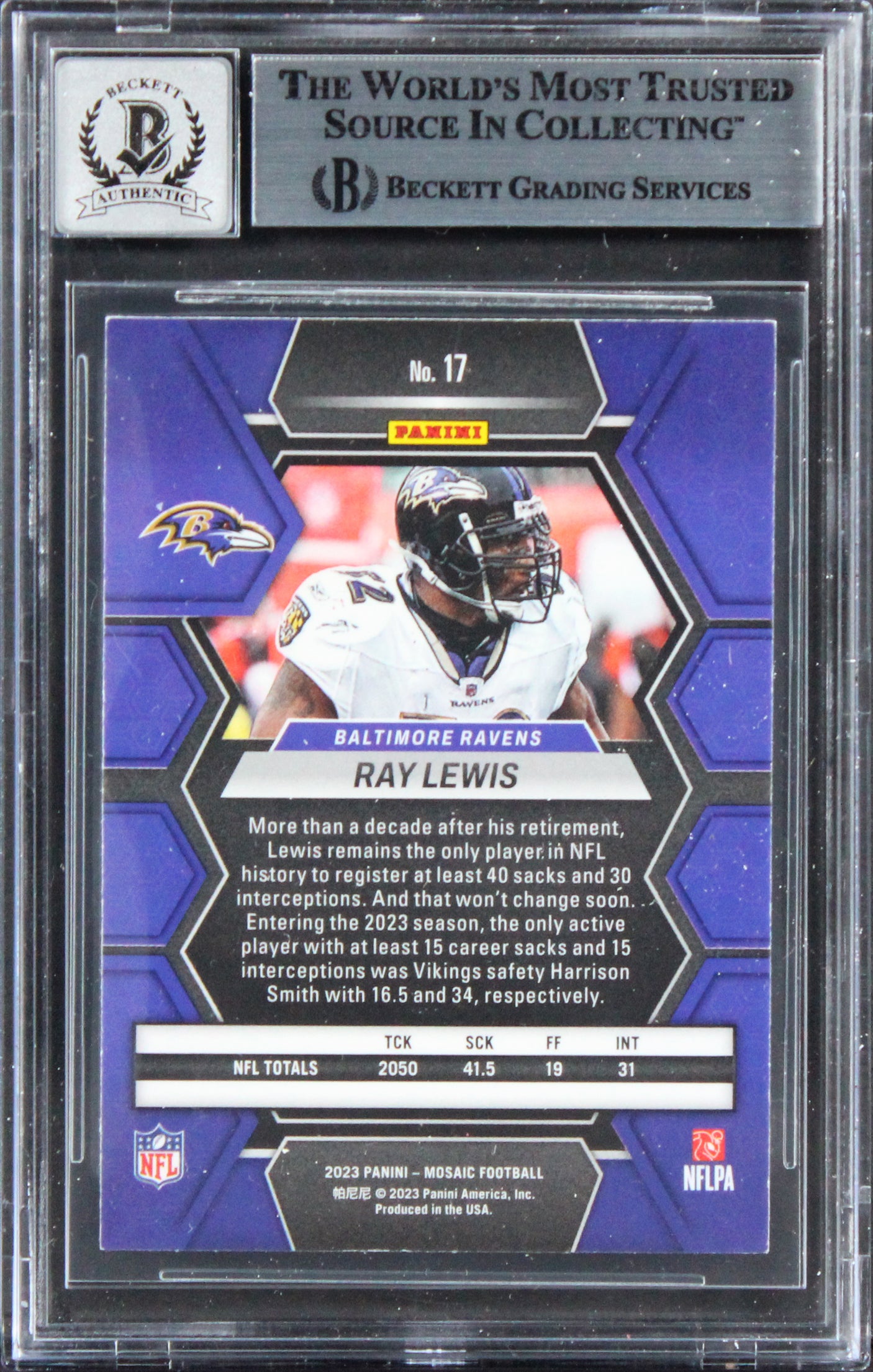 Ravens Ray Lewis Signed 2023 Panini Mosaic #17 Card Auto Graded 10! BAS Slabbed