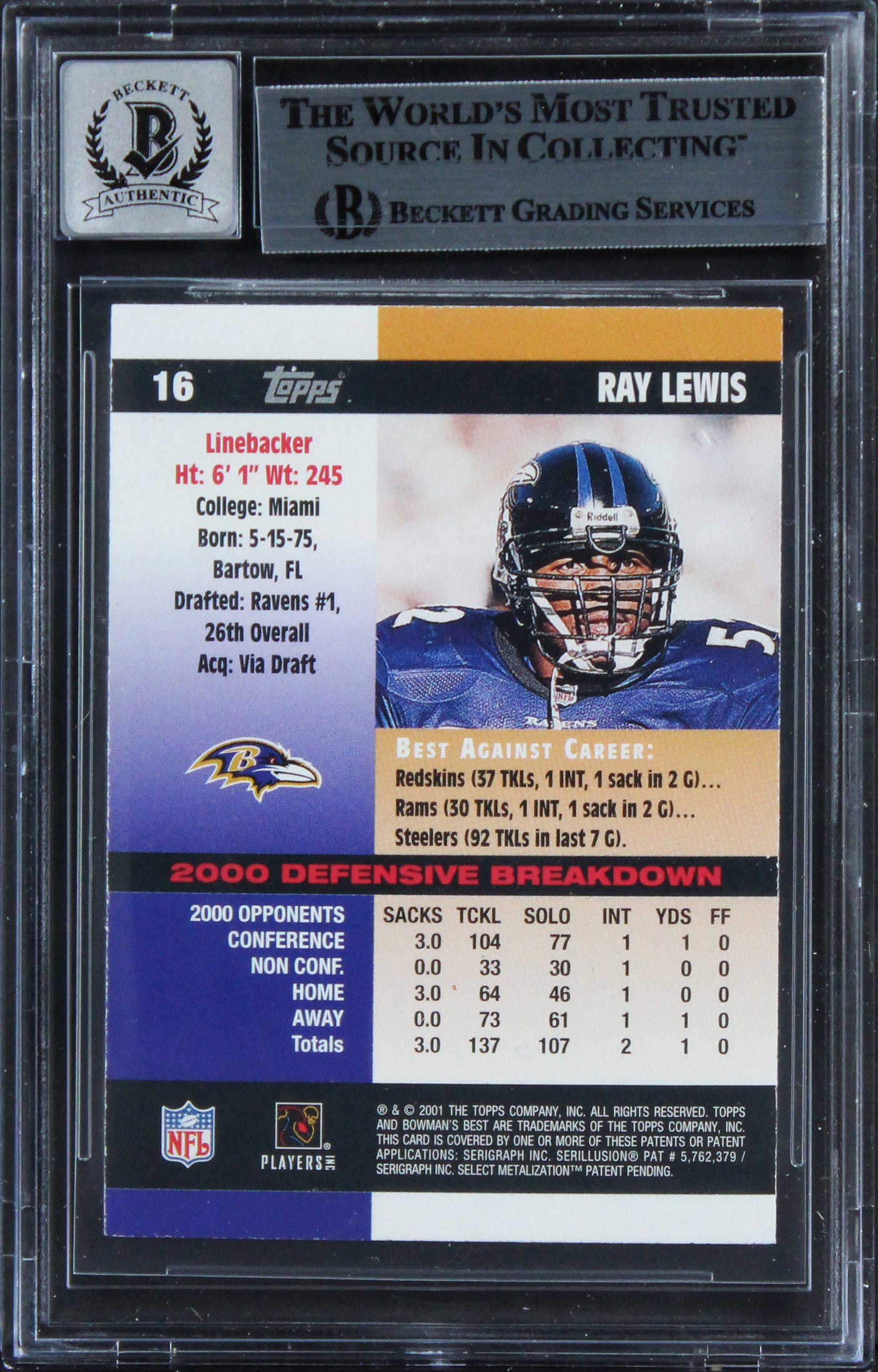 Ravens Ray Lewis Signed 2001 Bowman's Best #16 Card Auto Graded 10! BAS Slabbed