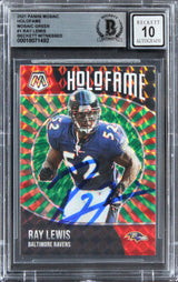 Ray Lewis Signed 2021 Panini Mosaic Green Holofame #1 Card Auto 10 BAS Slabbed