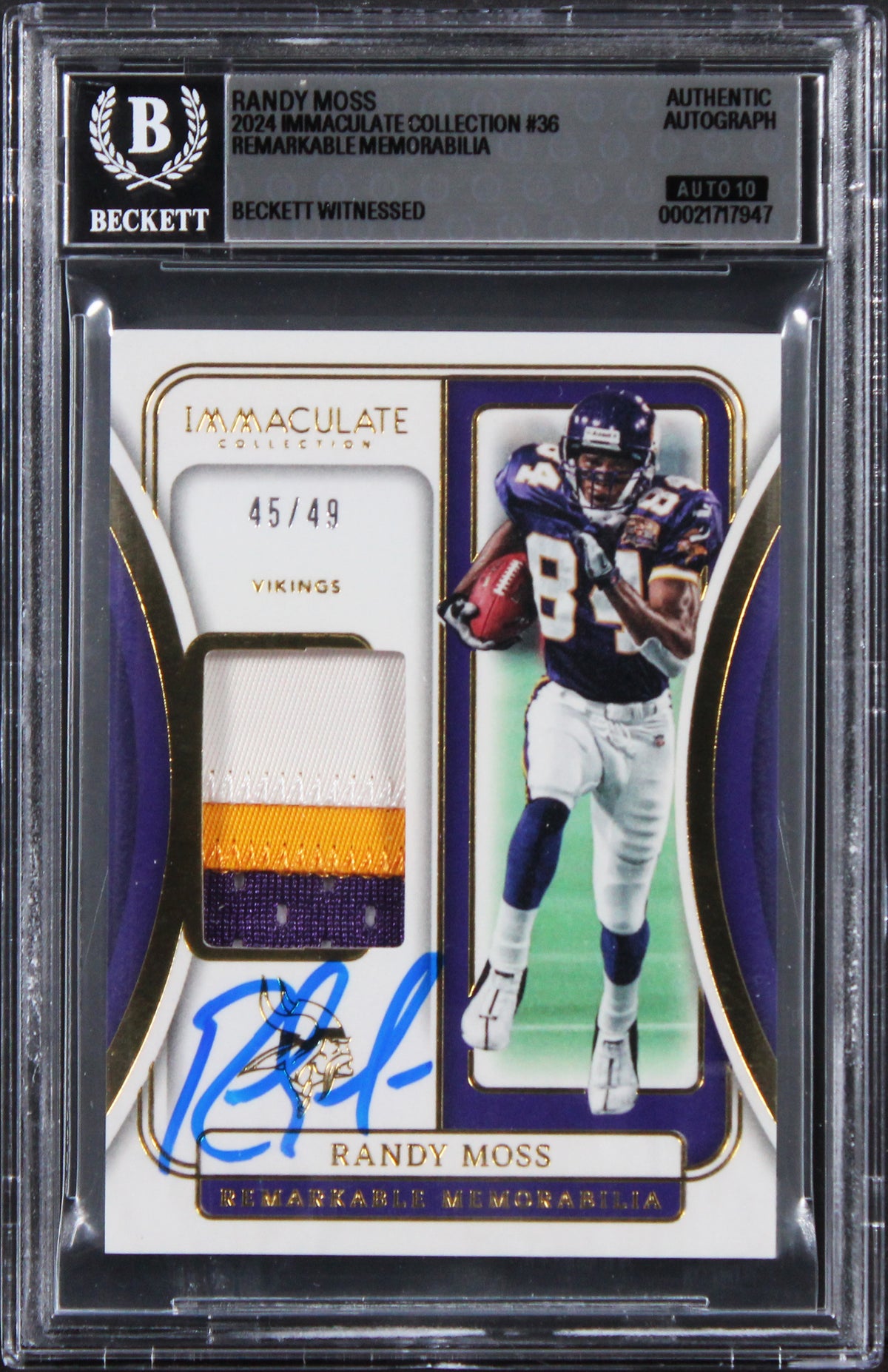 Randy Moss Signed 2024 Immaculate Collection #36 45/49 Card Auto 10! BAS Slabbed