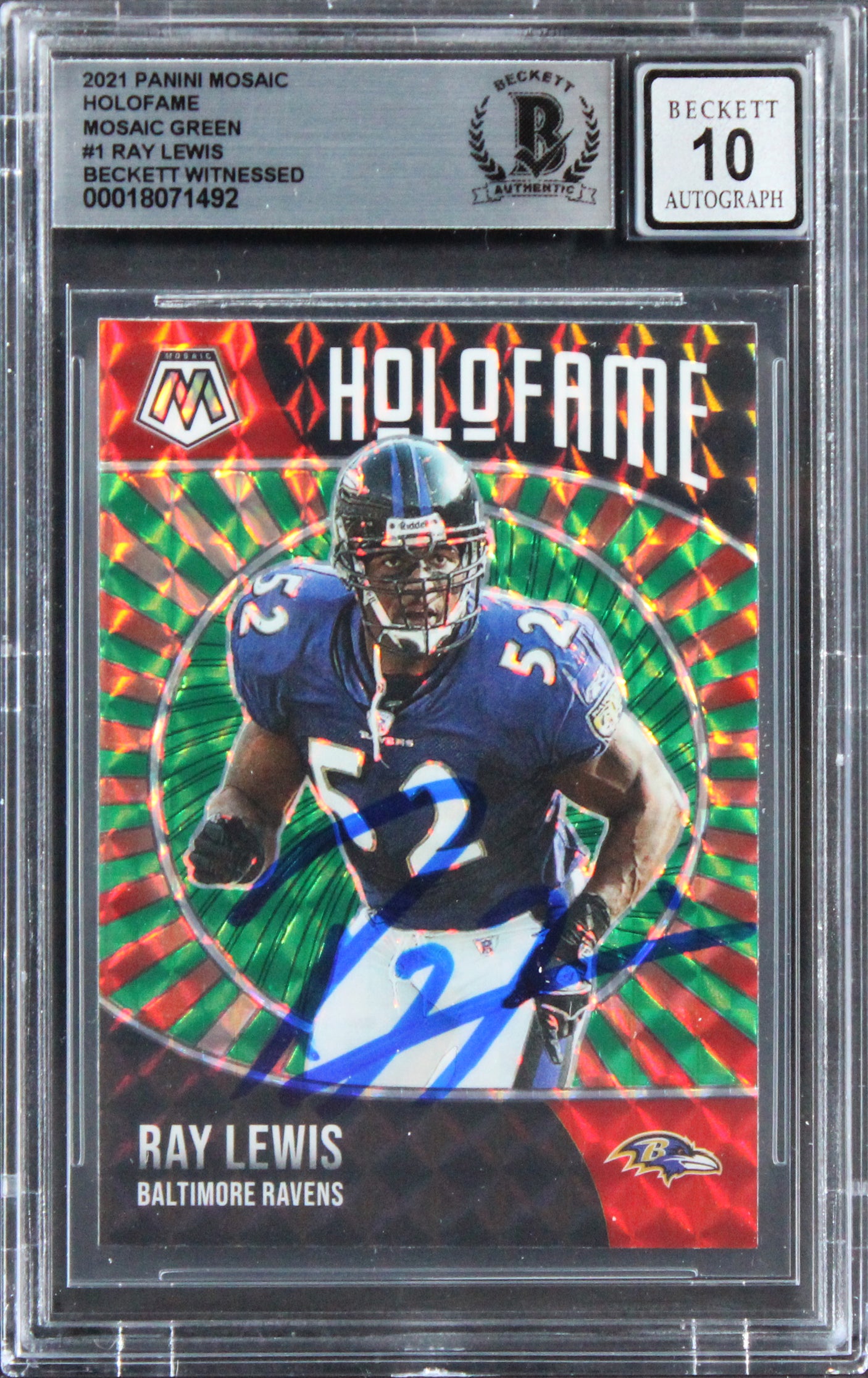 Ray Lewis Signed 2021 Panini Mosaic Green Holofame #1 Card Auto 10 BAS Slabbed