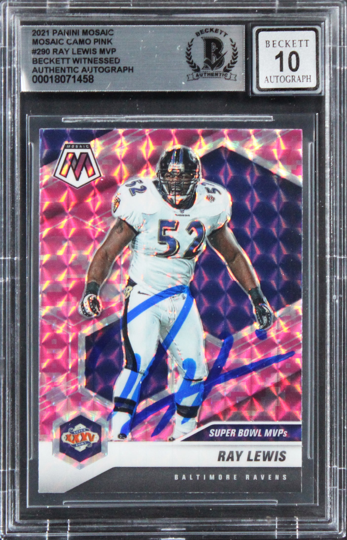 Ray Lewis Signed 2021 Panini Mosaic Camo Pink #290 Card Auto Gem 10! BAS Slabbed