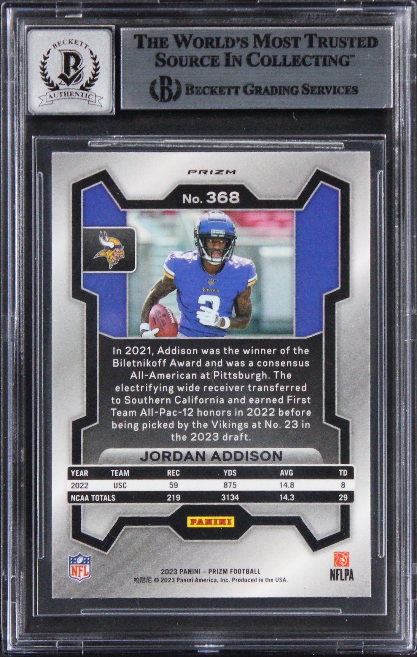 Vikings Jordan Addison Signed 2023 Panini Prizm Silv #368 Card Auto 10! BAS Slab