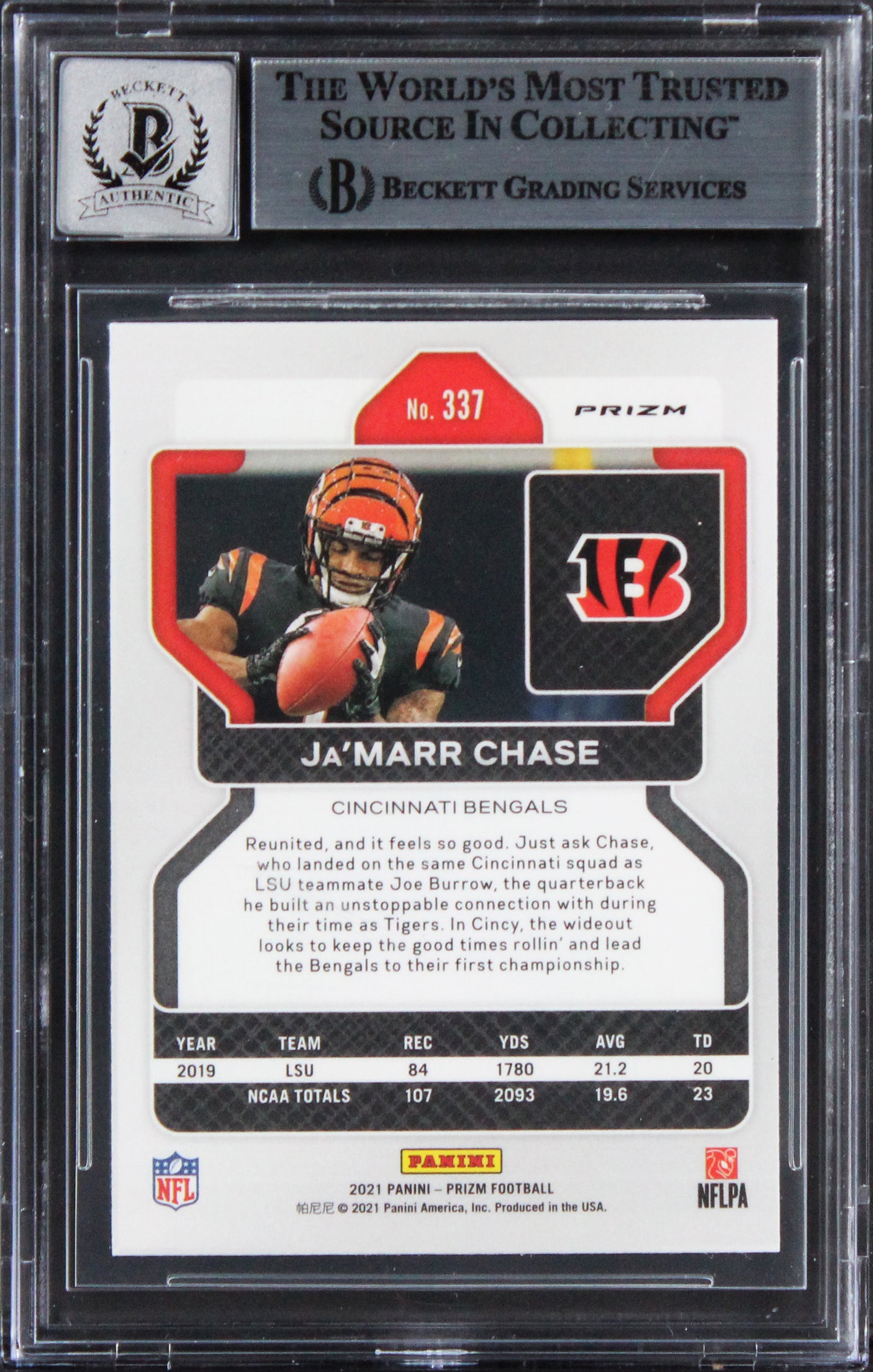 Bengals Ja'Marr Chase Signed 2021 Panini Prizm Silv #337 Card Auto 10! BAS Slab