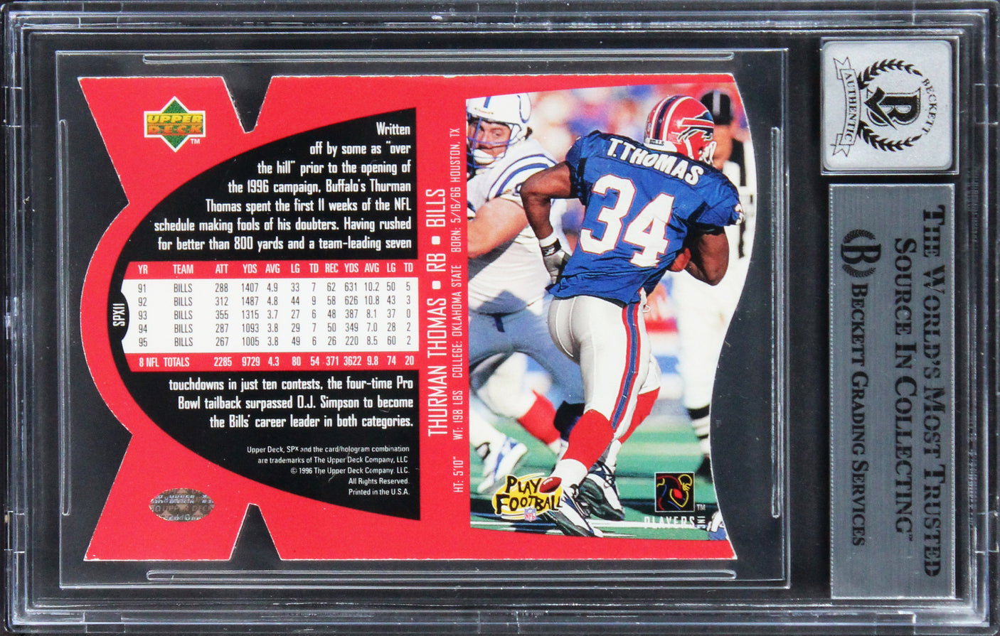 Bills Thurman Thomas Signed 1997 SPX #11 Card Auto Graded Mint 10! BAS Slabbed