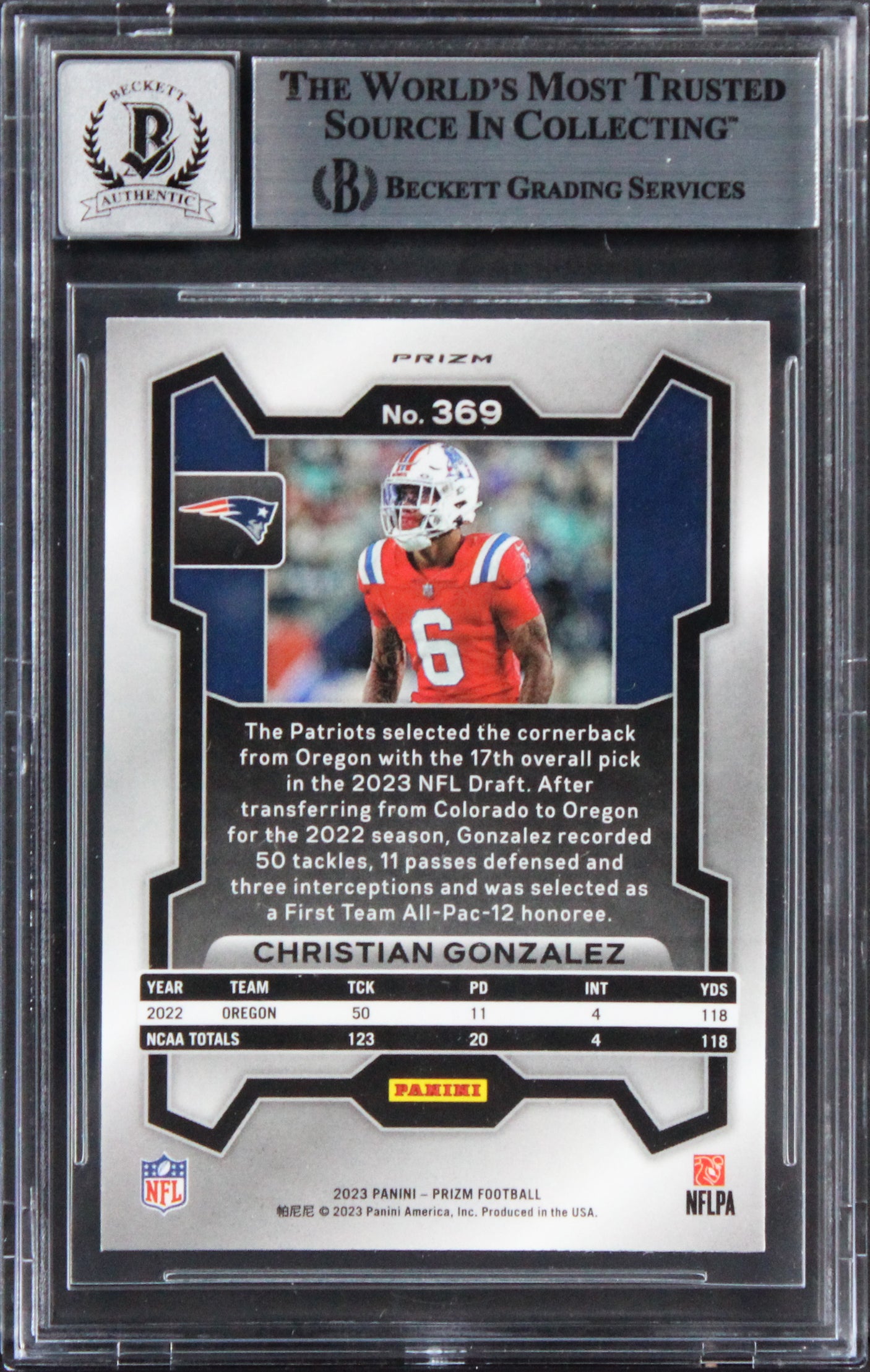 Pats Christian Gonzalez Signed 2023 Panini Prizm S #369 RC Card Auto 10 BAS Slab