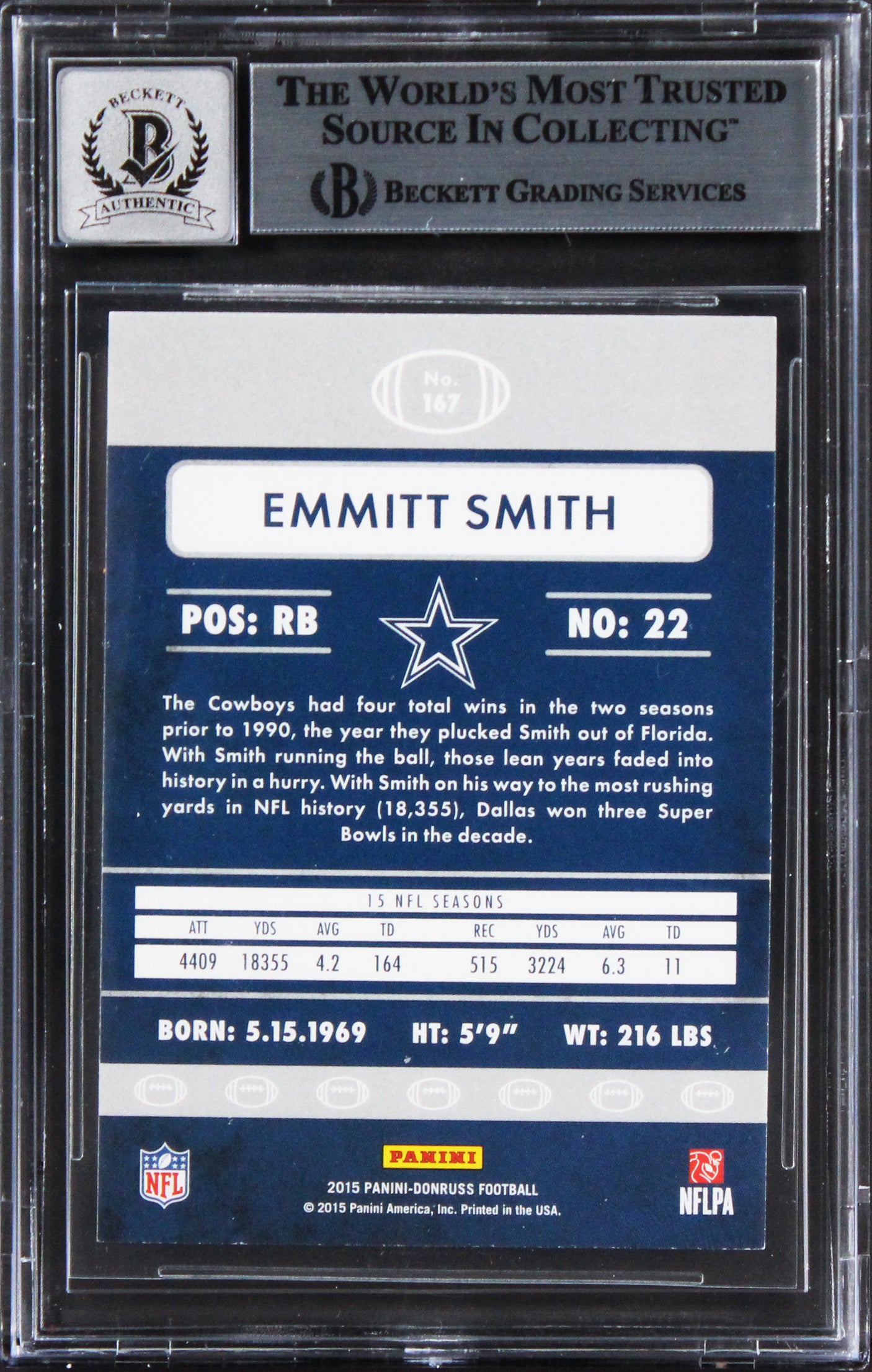 Cowboys Emmitt Smith Signed 2015 Donruss #167 Card Auto Graded 10! BAS Slabbed