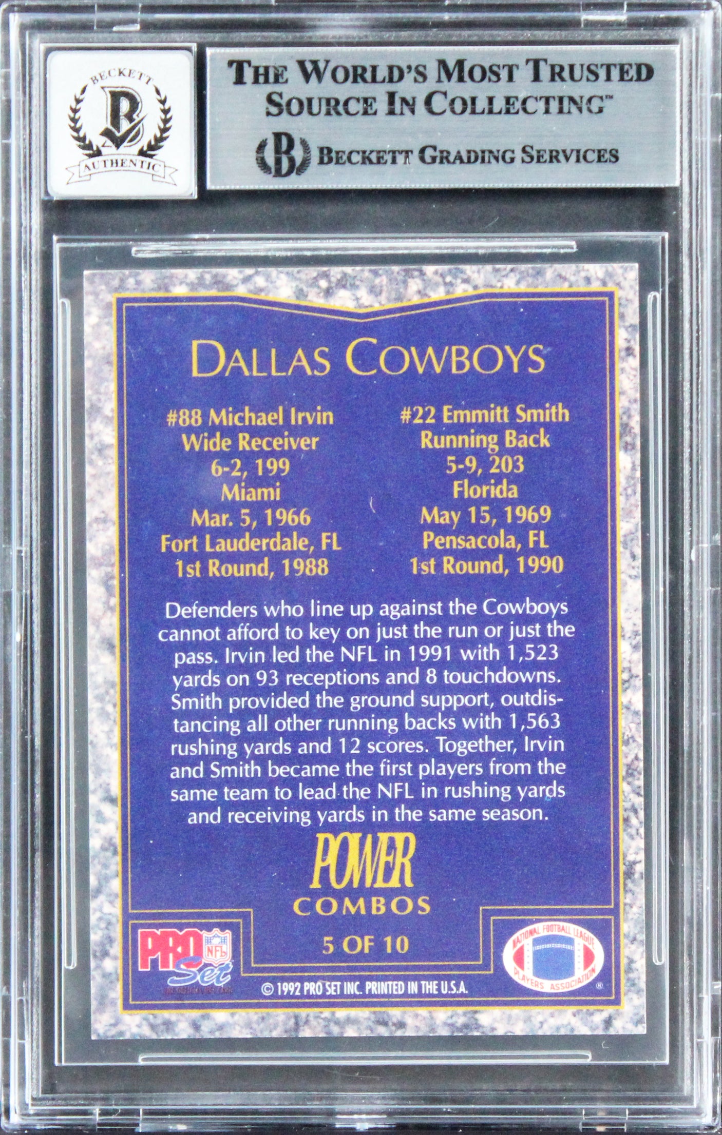 Emmitt Smith & Michael Irvin Signed 1992 Power Combos #5 Card Auto 10! BAS Slab