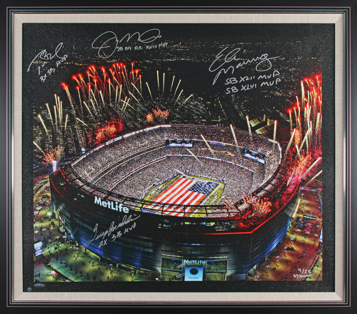 SB MVPs (4) Brady, Montana, Bradshaw & Manning Signed & Framed 28x32 Canvas BAS