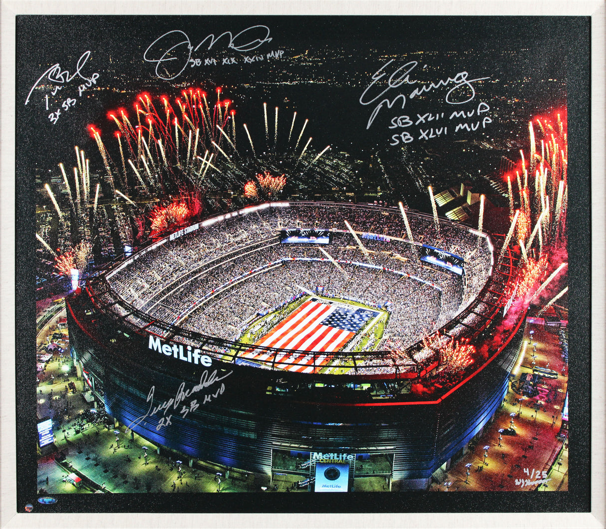 SB MVPs (4) Brady, Montana, Bradshaw & Manning Signed & Framed 28x32 Canvas BAS