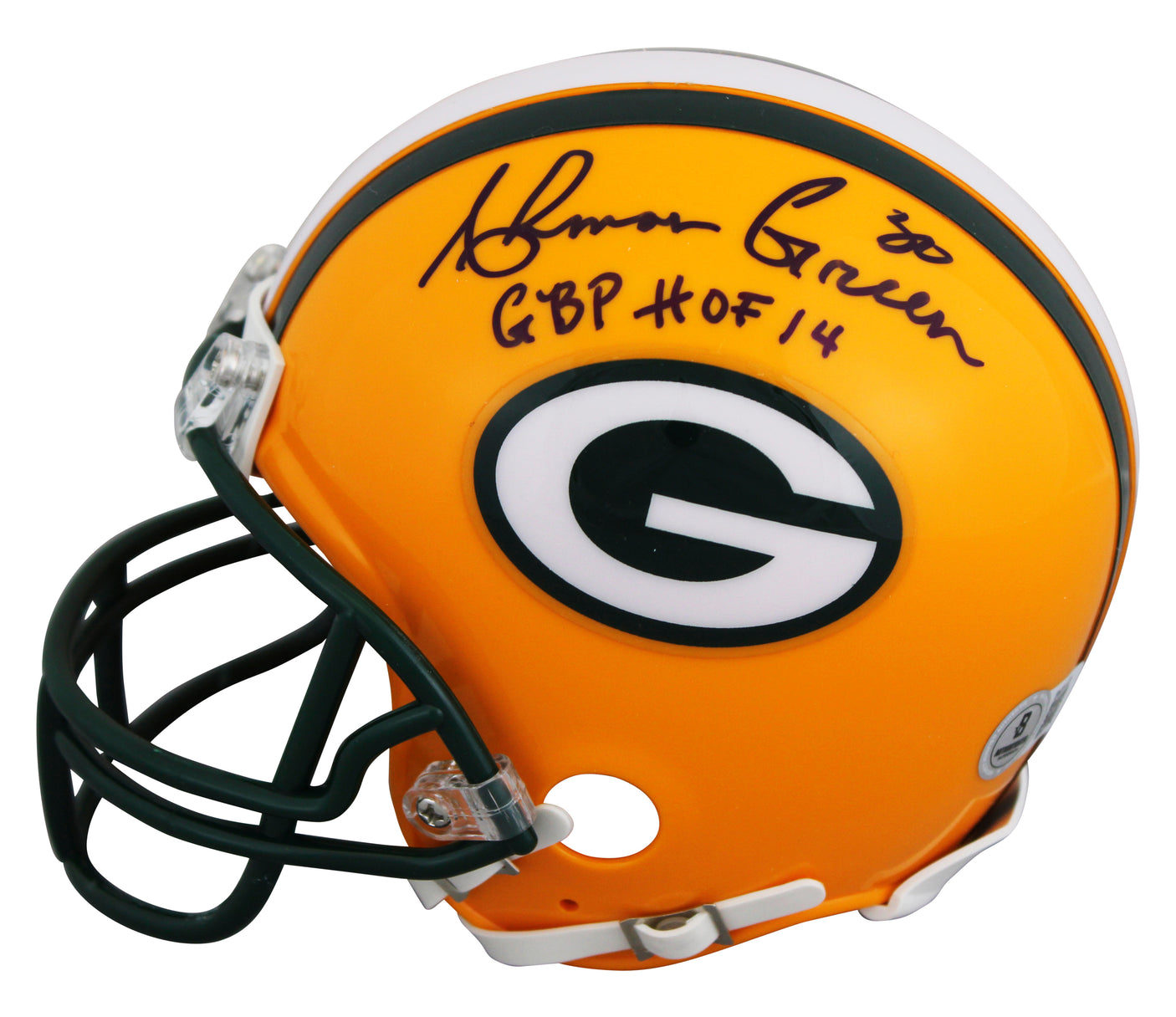 Packers Ahman Green "GBP HOF 14" Signed VSR4 Rep Mini Helmet W/ Case BAS 2