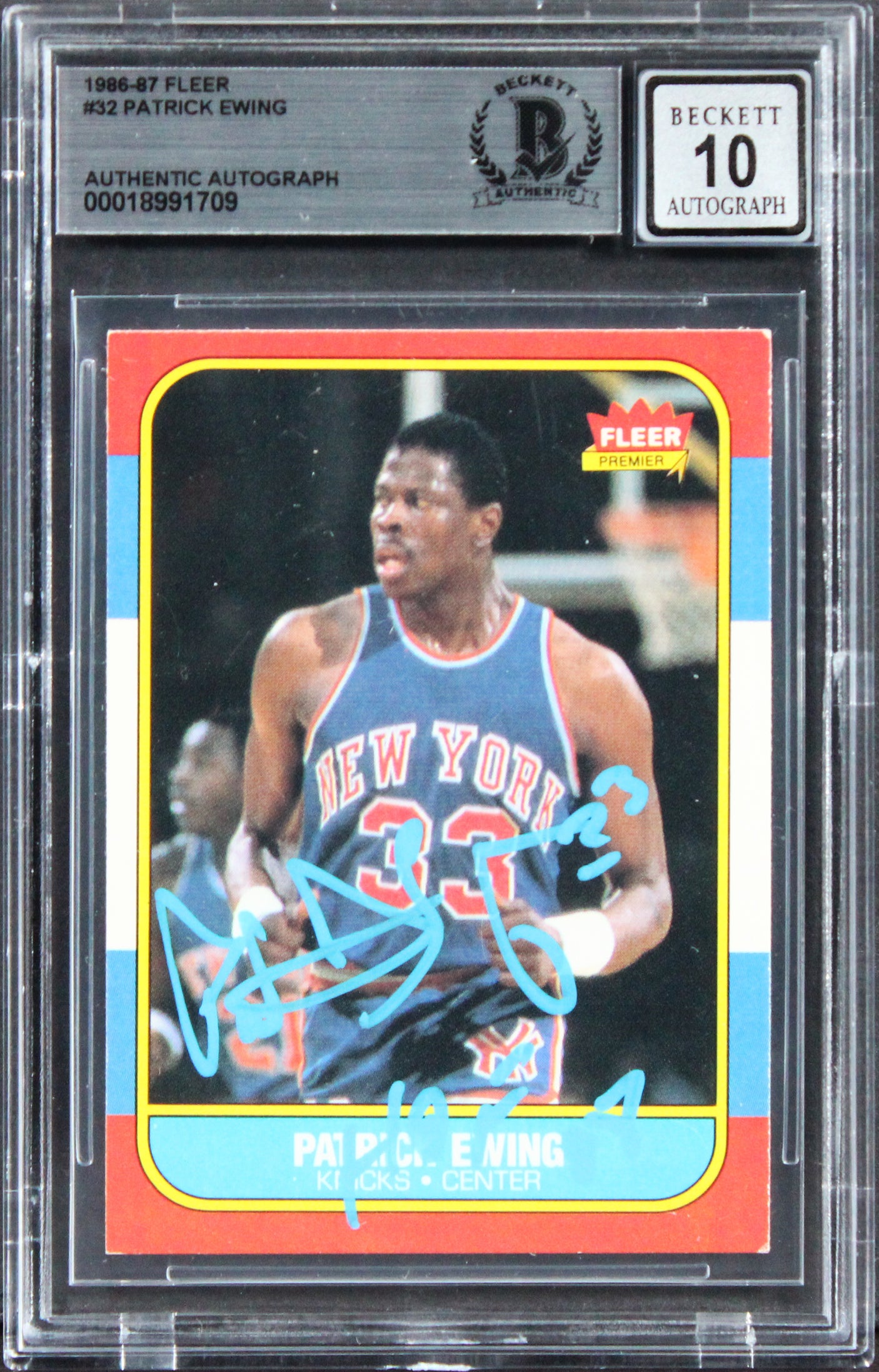 Knicks Patrick Ewing "HOF 08" Signed 1986 Fleer #32 Card Auto 10! BAS Slabbed