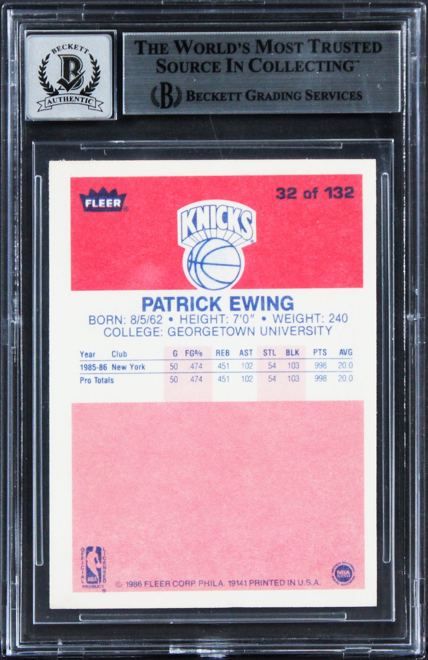 Knicks Patrick Ewing "HOF 08" Signed 1986 Fleer #32 Card Auto 10! BAS Slabbed