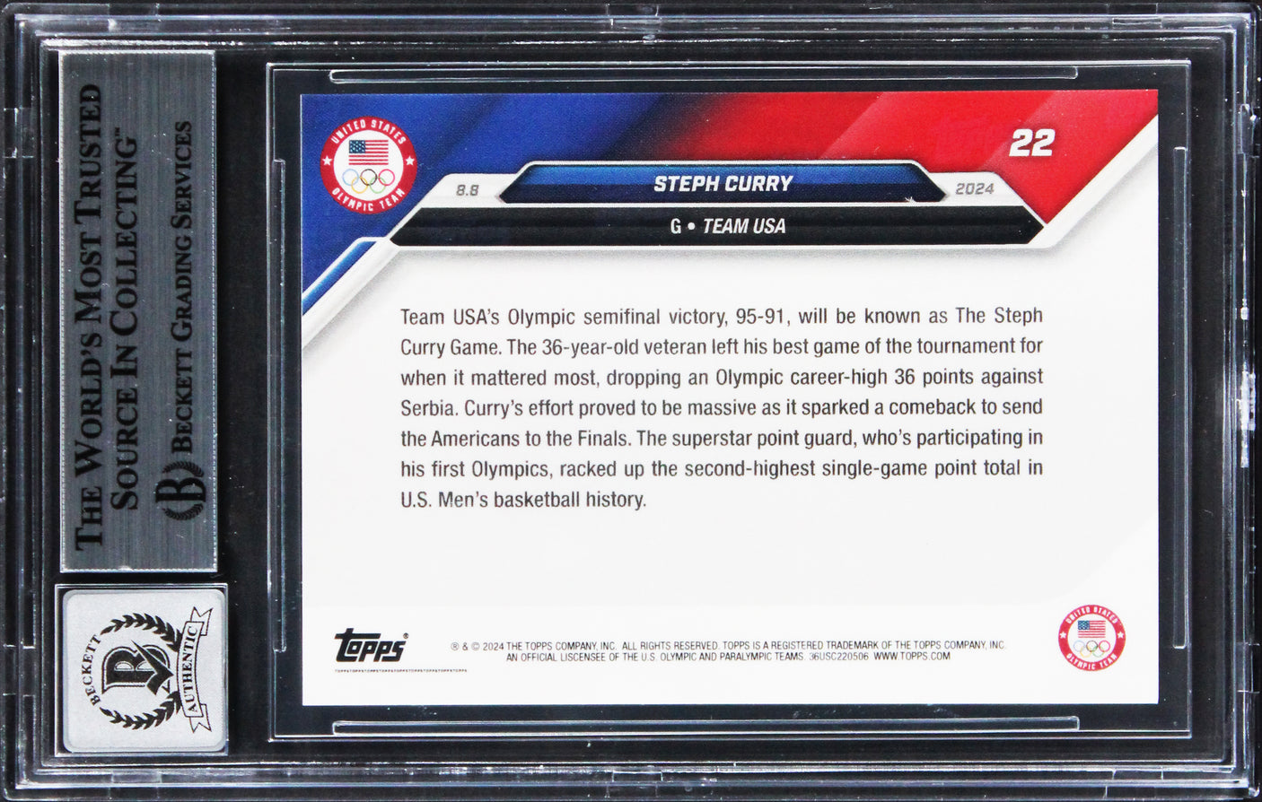 Warriors Steph Curry Signed 2024 Topps Olympic Games #22 Card Auto 10! BAS Slab