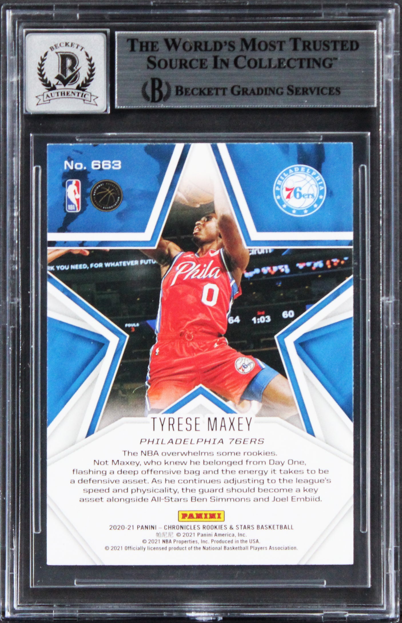 76ers Tyrese Maxey Signed 2020 Panini Chronicles #663 RC Card Auto 10! BAS Slab
