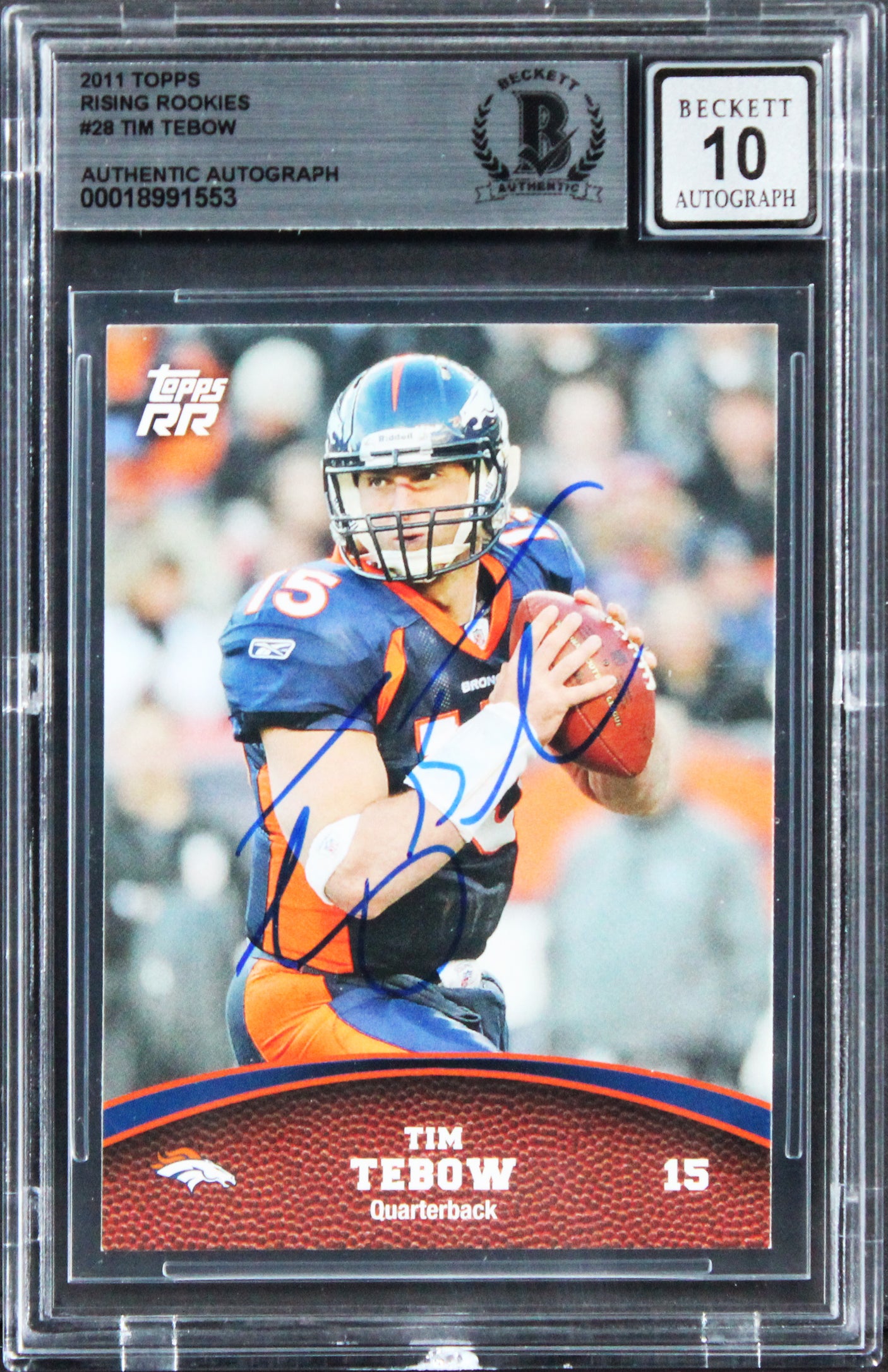 Broncos Tim Tebow Signed 2011 Topps Rising Rookies #28 Card Auto 10! BAS Slabbed