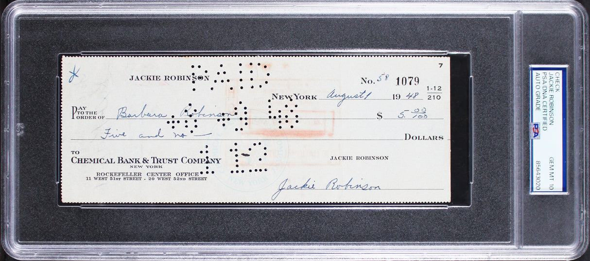 Dodgers Jackie Robinson Signed 3x8.15 1948 Check Auto Graded 10! PSA/DNA Slabbed