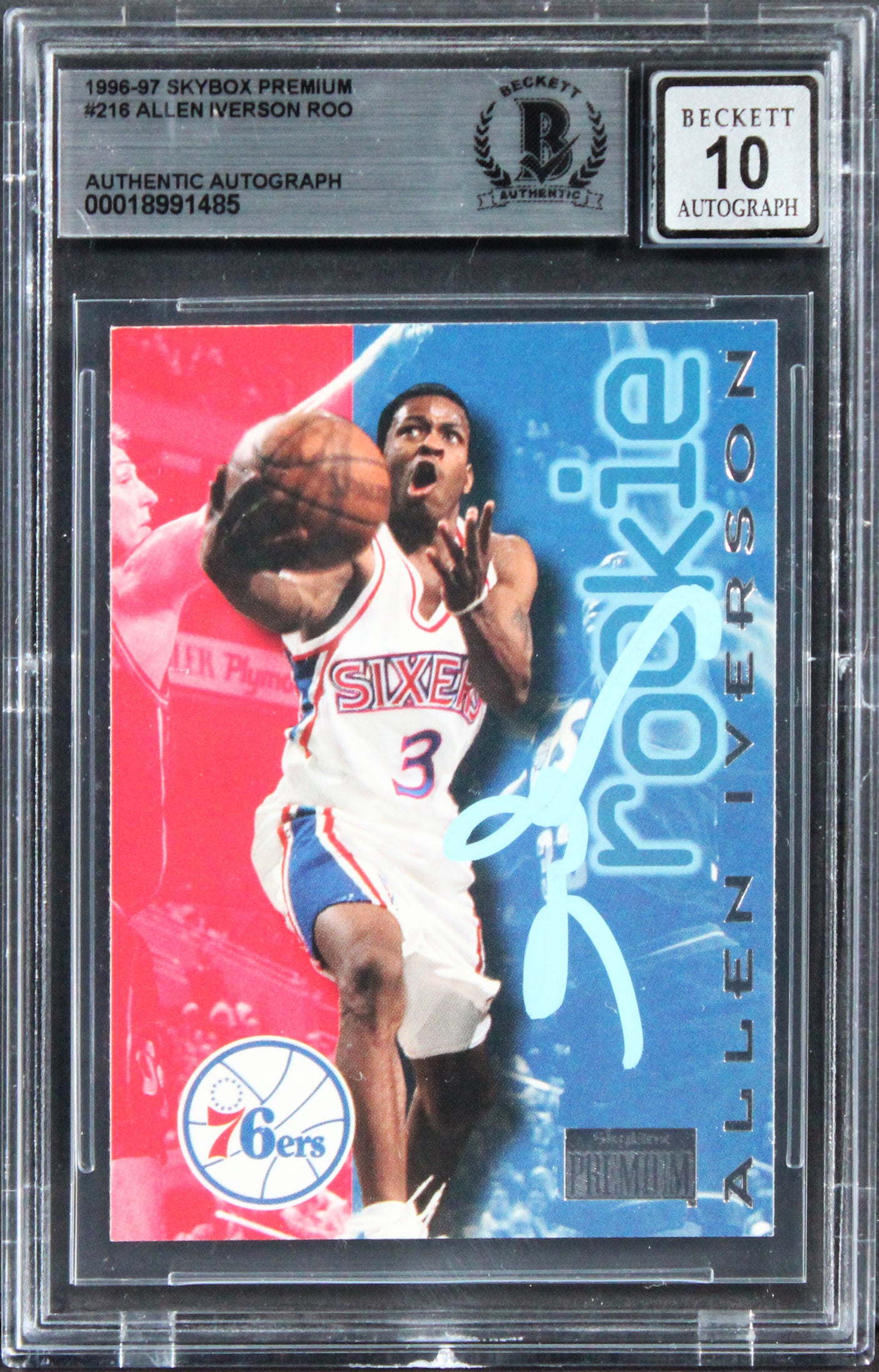 76ers Allen Iverson Signed 1996 Skybox Premium #218 RC Card Auto 10! BAS Slabbed