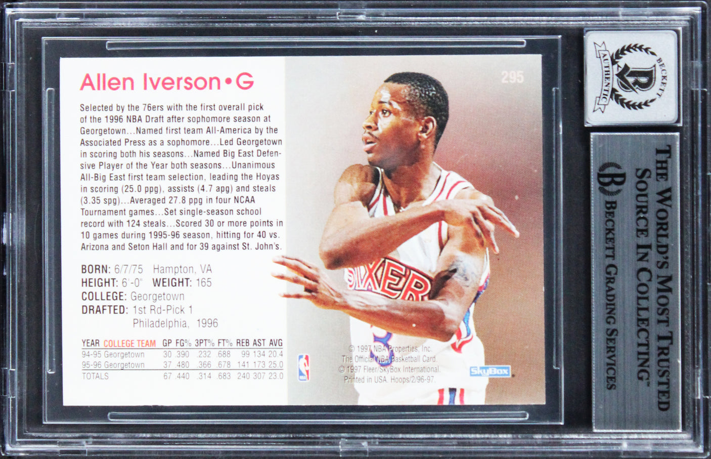 76ers Allen Iverson Signed 1996 Hoops #295 Rookie Card Auto Grade 10! BAS Slab