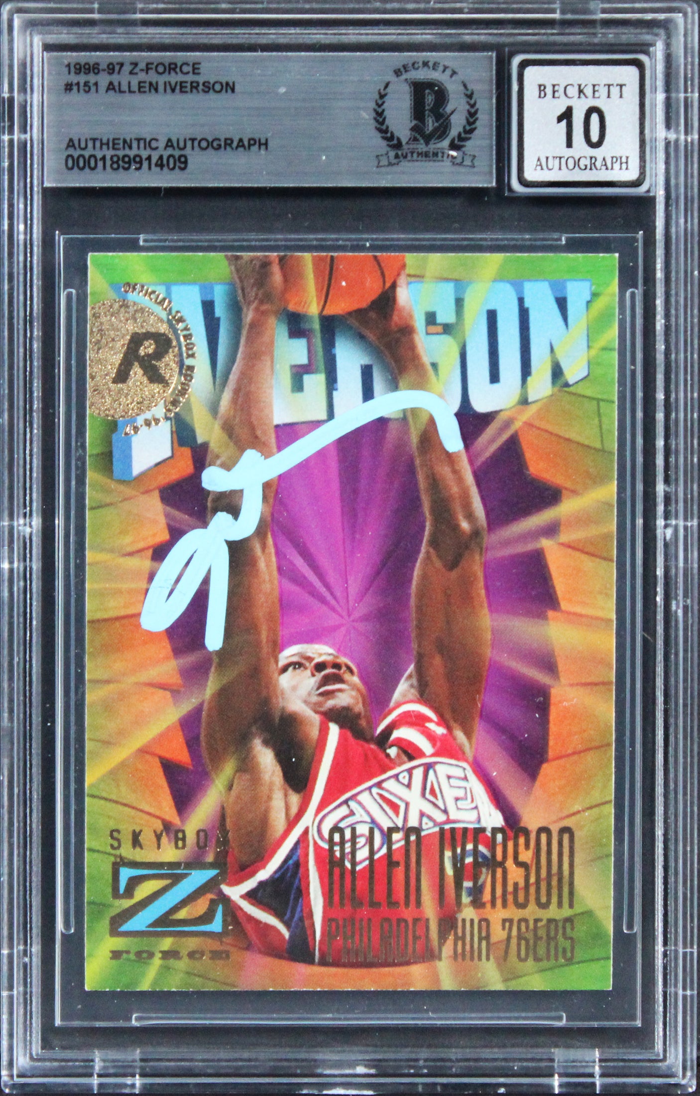 76ers Allen Iverson Signed 1996 Z-Force #151 Rookie Card Auto Grade 10! BAS Slab