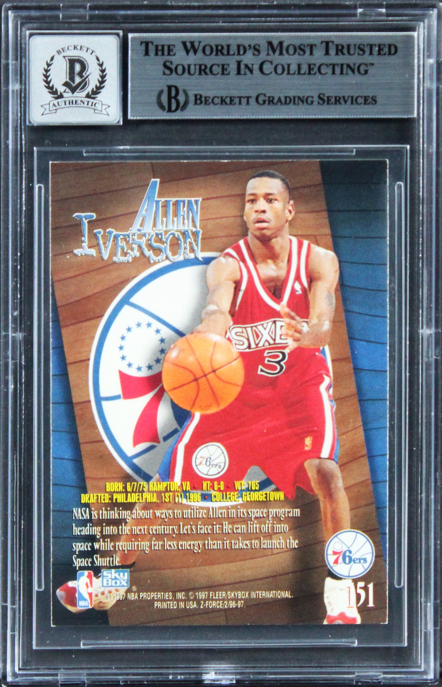 76ers Allen Iverson Signed 1996 Z-Force #151 Rookie Card Auto Grade 10! BAS Slab
