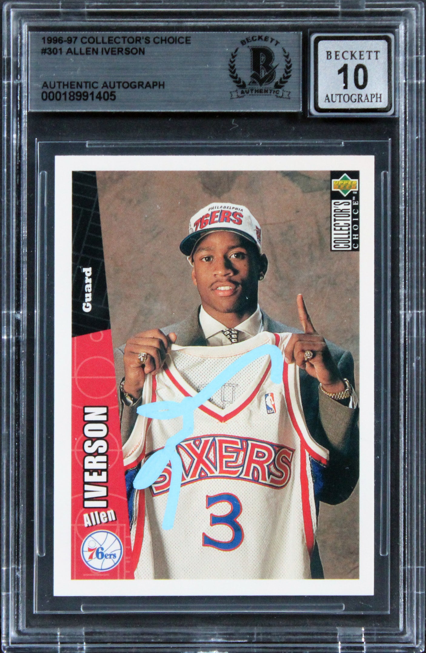 76ers Allen Iverson Signed 1996 Collectors Choice #301 RC Card Auto 10! BAS Slab