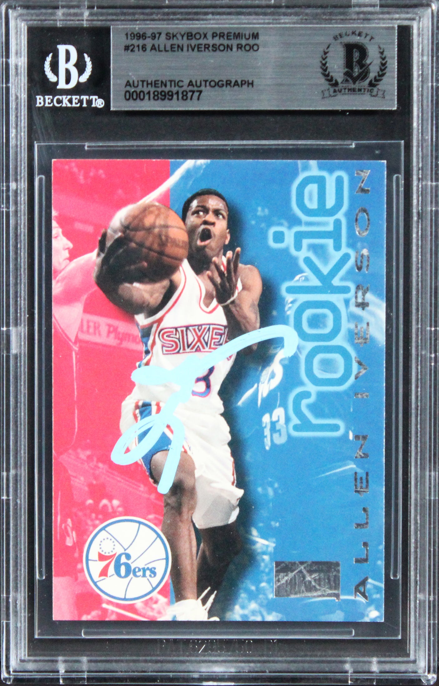 76ers Allen Iverson Signed 1996 Skybox Premium #216 Rookie Card BAS Slabbed
