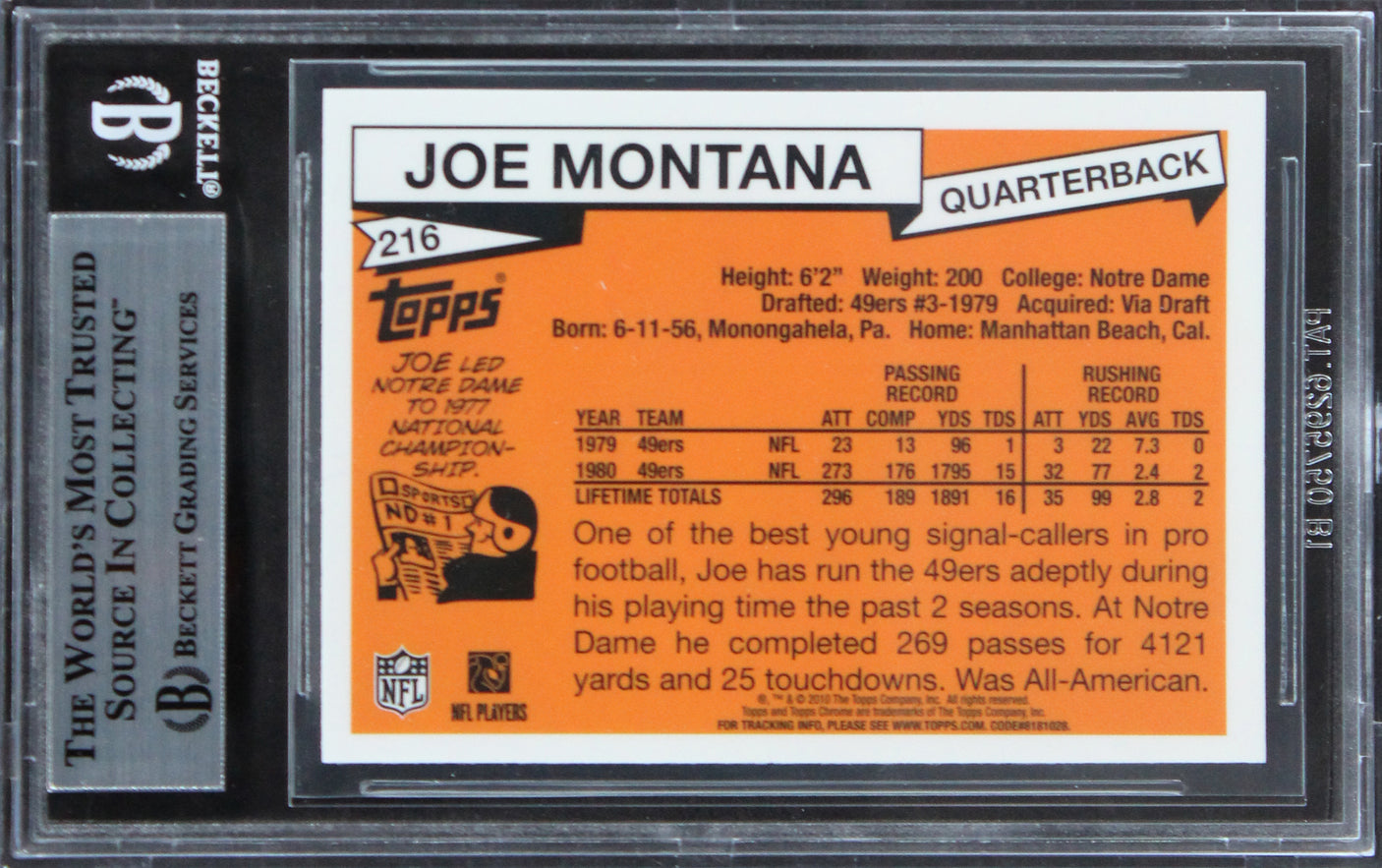 49ers Joe Montana Signed 2012 Topps Chrome Rookie Reprint #216 Card BAS Slabbed