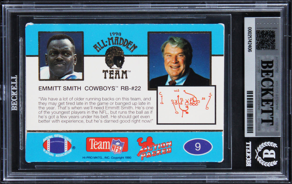 Cowboys Emmitt Smith Signed 1990 Action Packed #9 RC Card Auto 10! BAS Slabbed