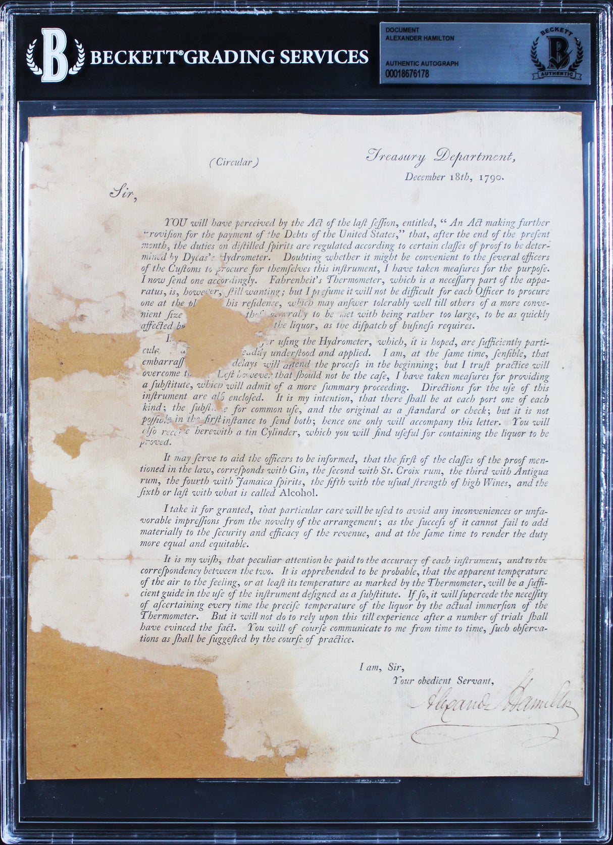 Alexander Hamilton Authentic Signed 8x9.75 1790 US Treasury Broadside BAS Slab