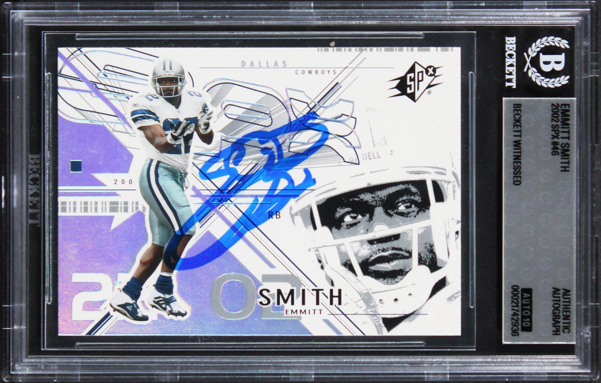 Cowboys Emmitt Smith Signed 2002 SPX #46 Card Auto Grade Gem Mint 10 BAS Slabbed