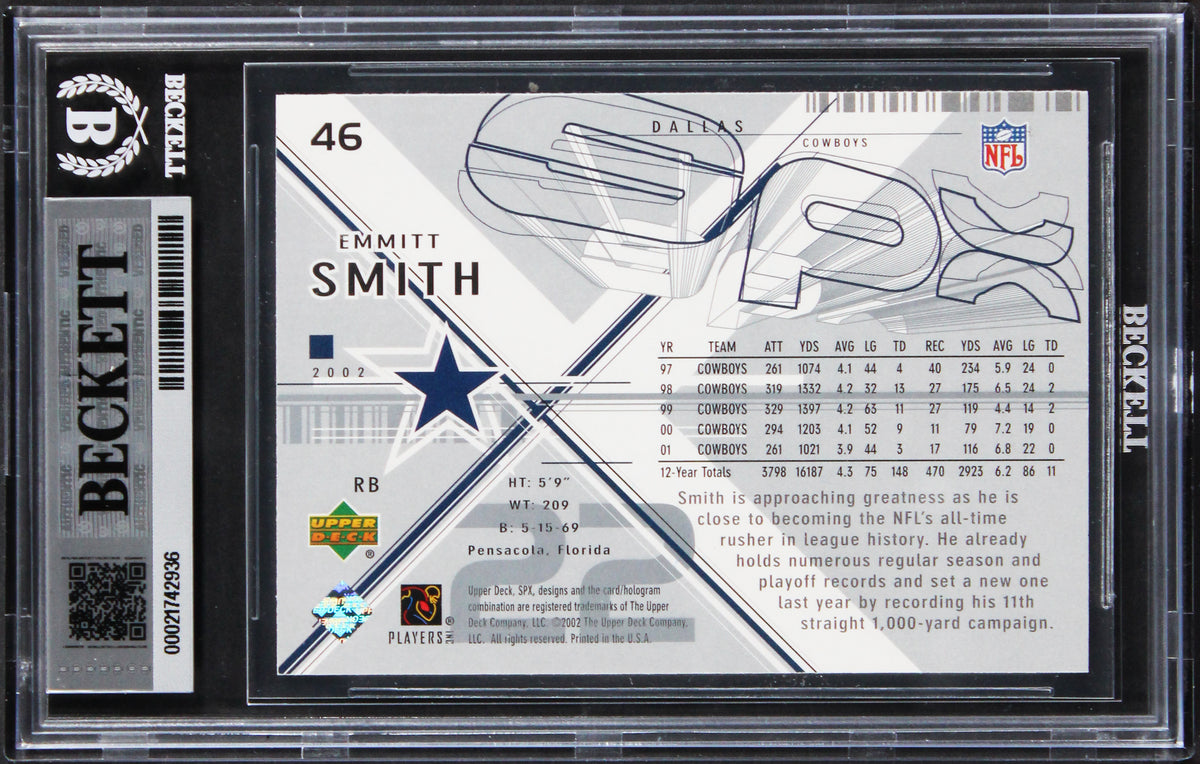 Cowboys Emmitt Smith Signed 2002 SPX #46 Card Auto Grade Gem Mint 10 BAS Slabbed