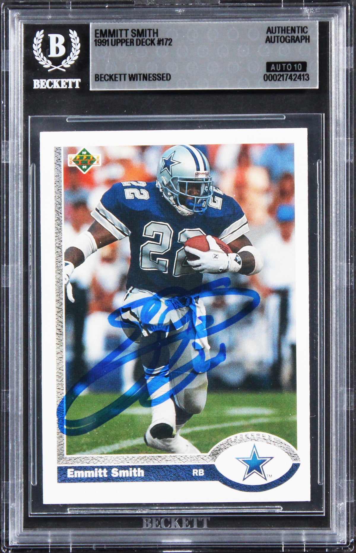 Cowboys Emmitt Smith Signed 1991 Upper Deck #172 Card Auto Grade 10! BAS Slabbed