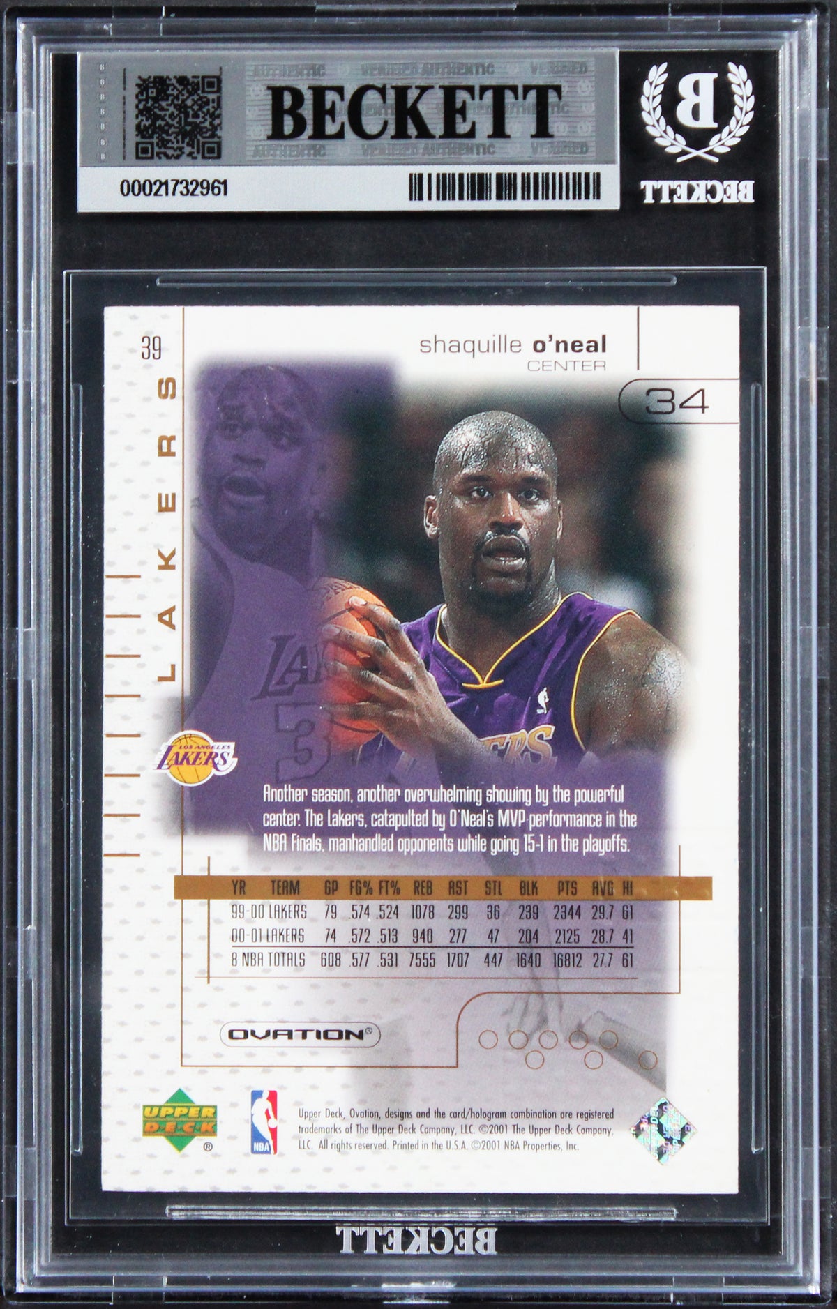 Lakers Shaquille O'Neal Signed 2001 Upper Deck #39 Card Auto GM 10! BAS Slabbed