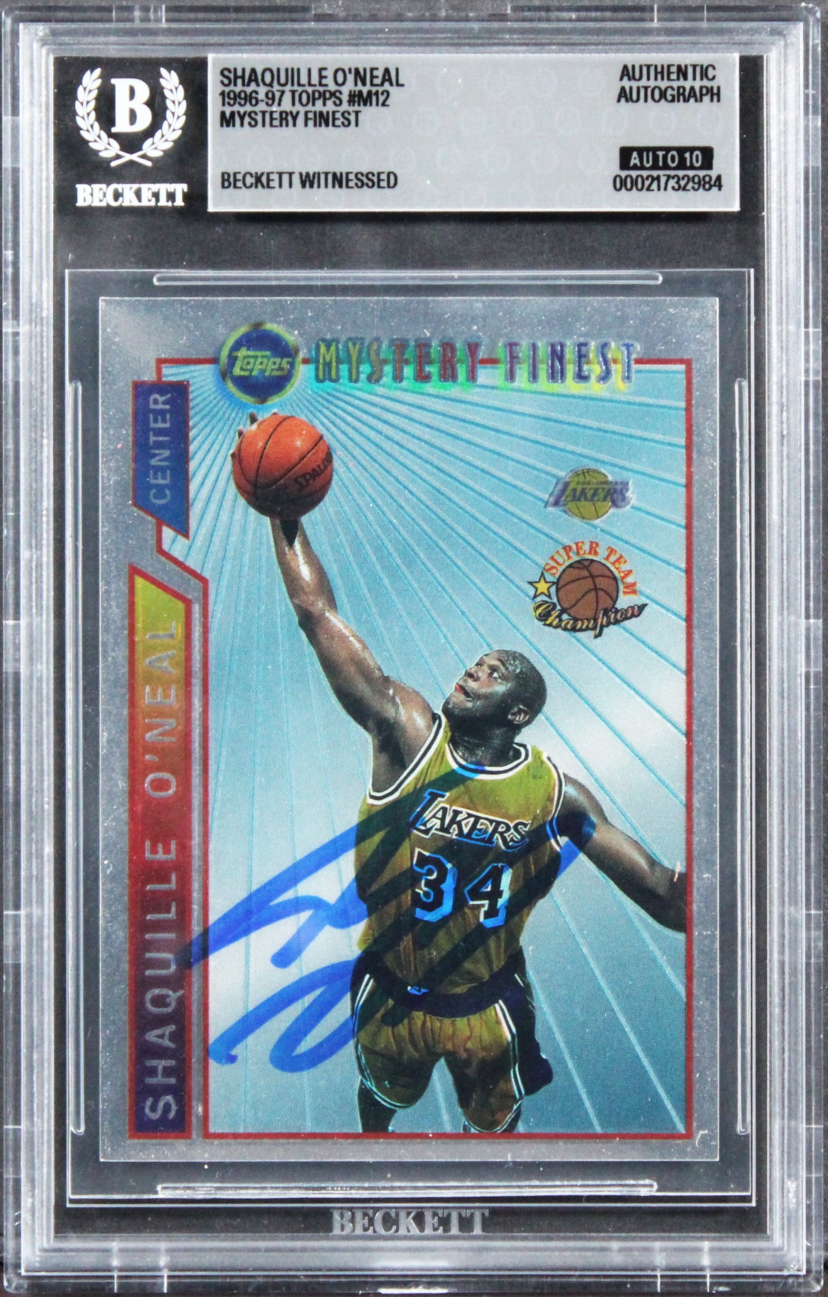 Lakers Shaquille O'Neal Signed 1996 Topps Finest #M12 Card Auto 10! BAS Slabbed