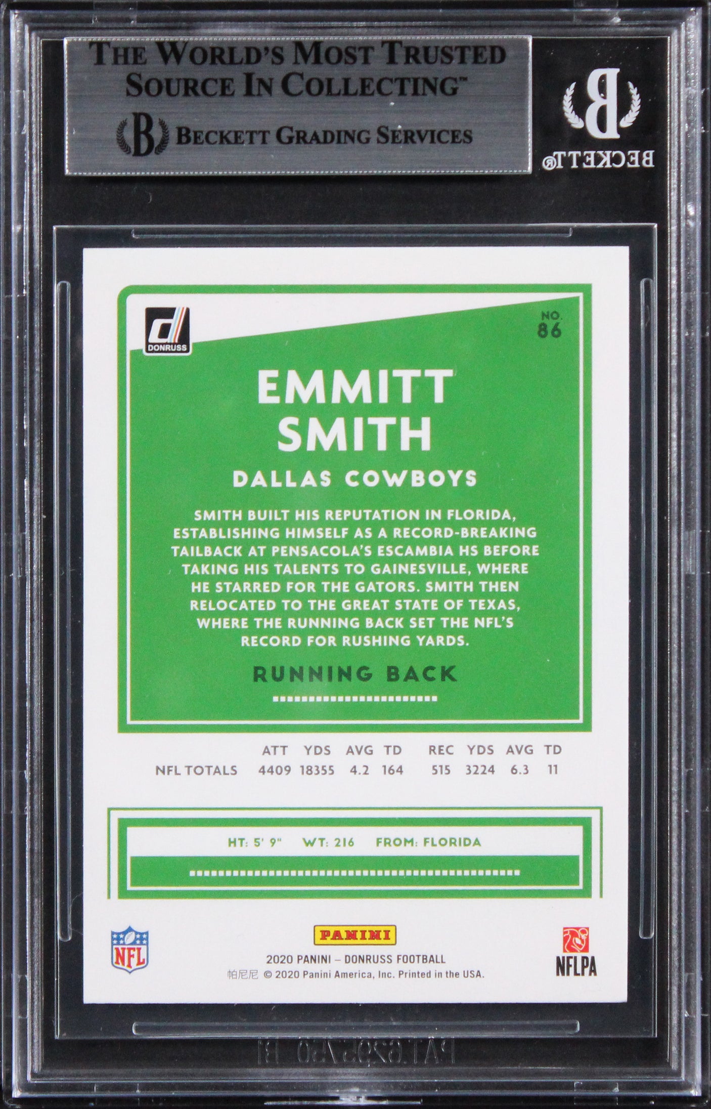 Cowboys Emmitt Smith Authentic Signed 2020 Donruss #86 Card BAS Slabbed