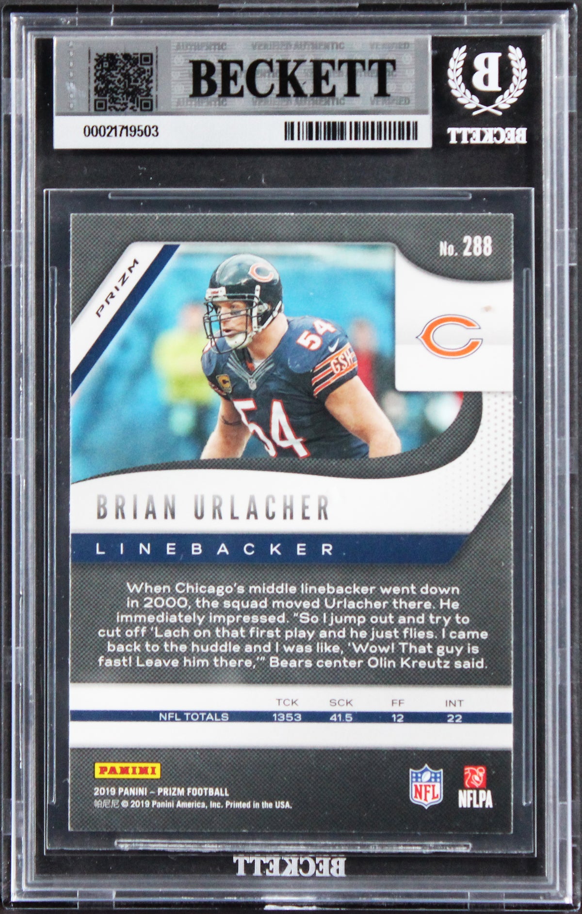 Bears Brian Urlacher Signed 2019 Panini Prizm Lazer #288 Card Auto 10! BAS Slab