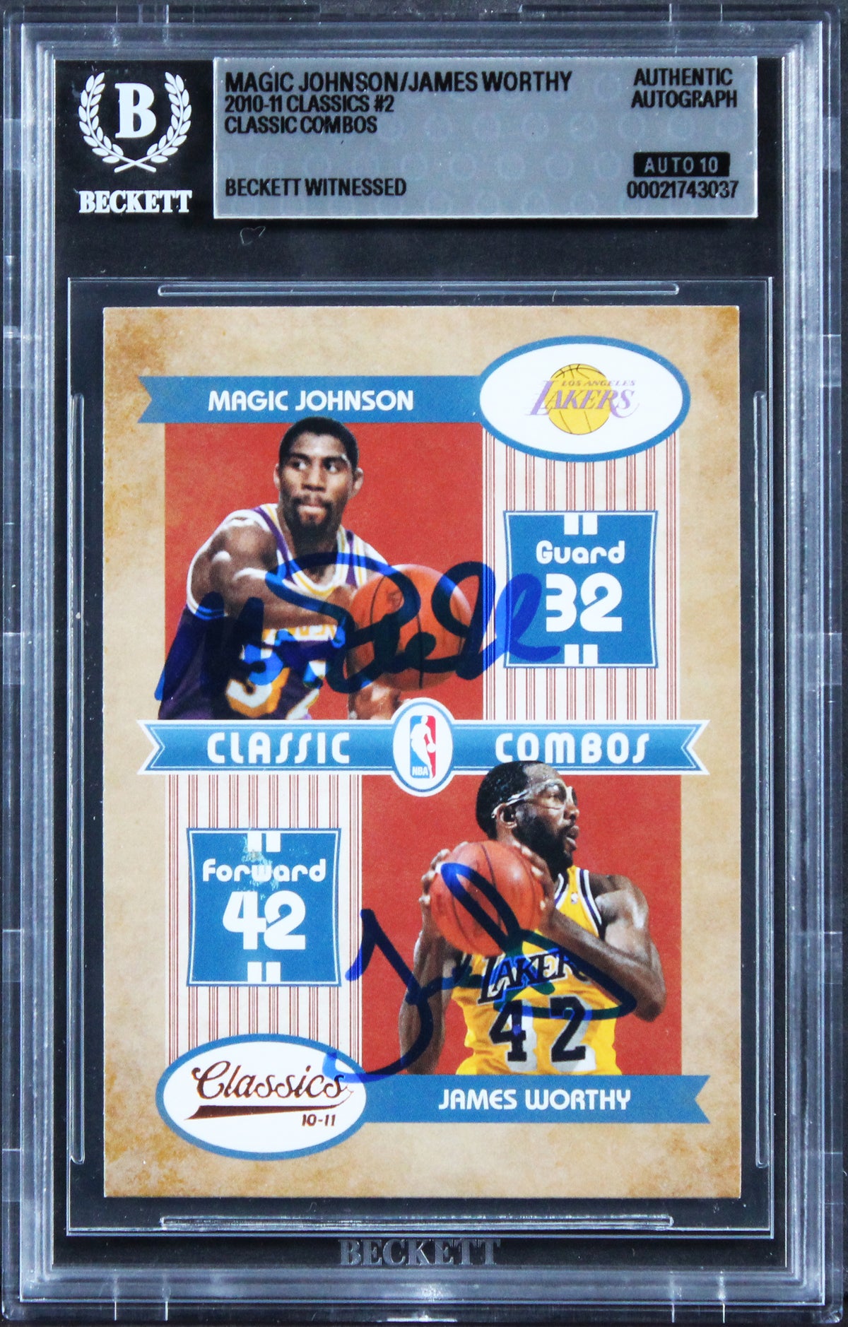 Magic Johnson & James Worthy Signed 2010 Classics #2 Card Auto 10! BAS Slabbed