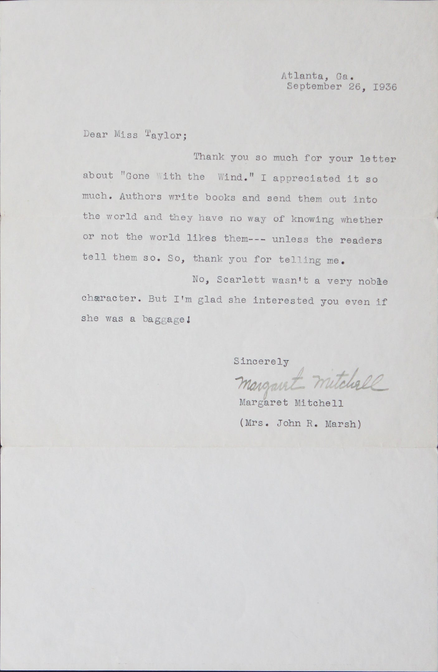 Margaret Mitchell Gone with the Wind Authentic Signed 1936 Letter BAS #AE13263