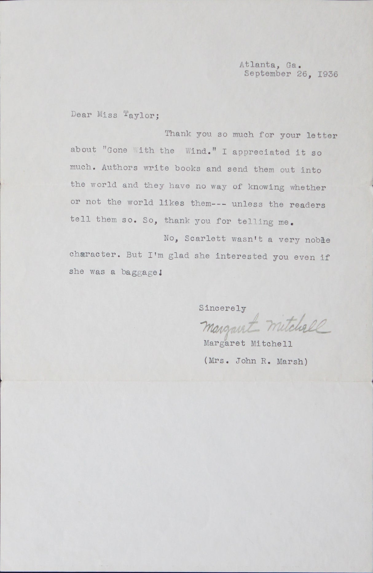 Margaret Mitchell Gone with the Wind Authentic Signed 1936 Letter BAS #AE13263
