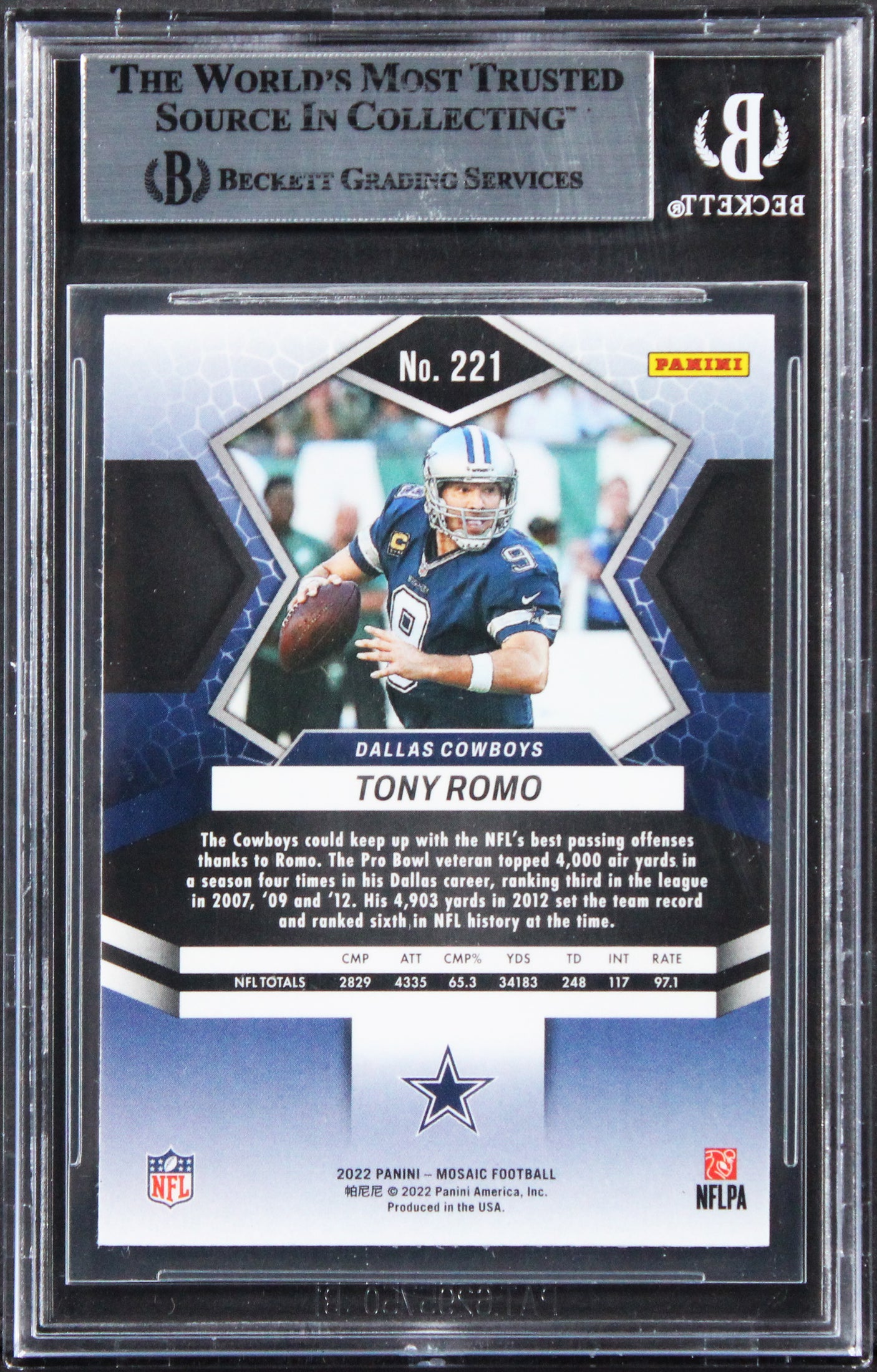 Cowboys Tony Romo Authentic Signed 2022 Panini Mosaic #221 Card BAS Slabbed 2